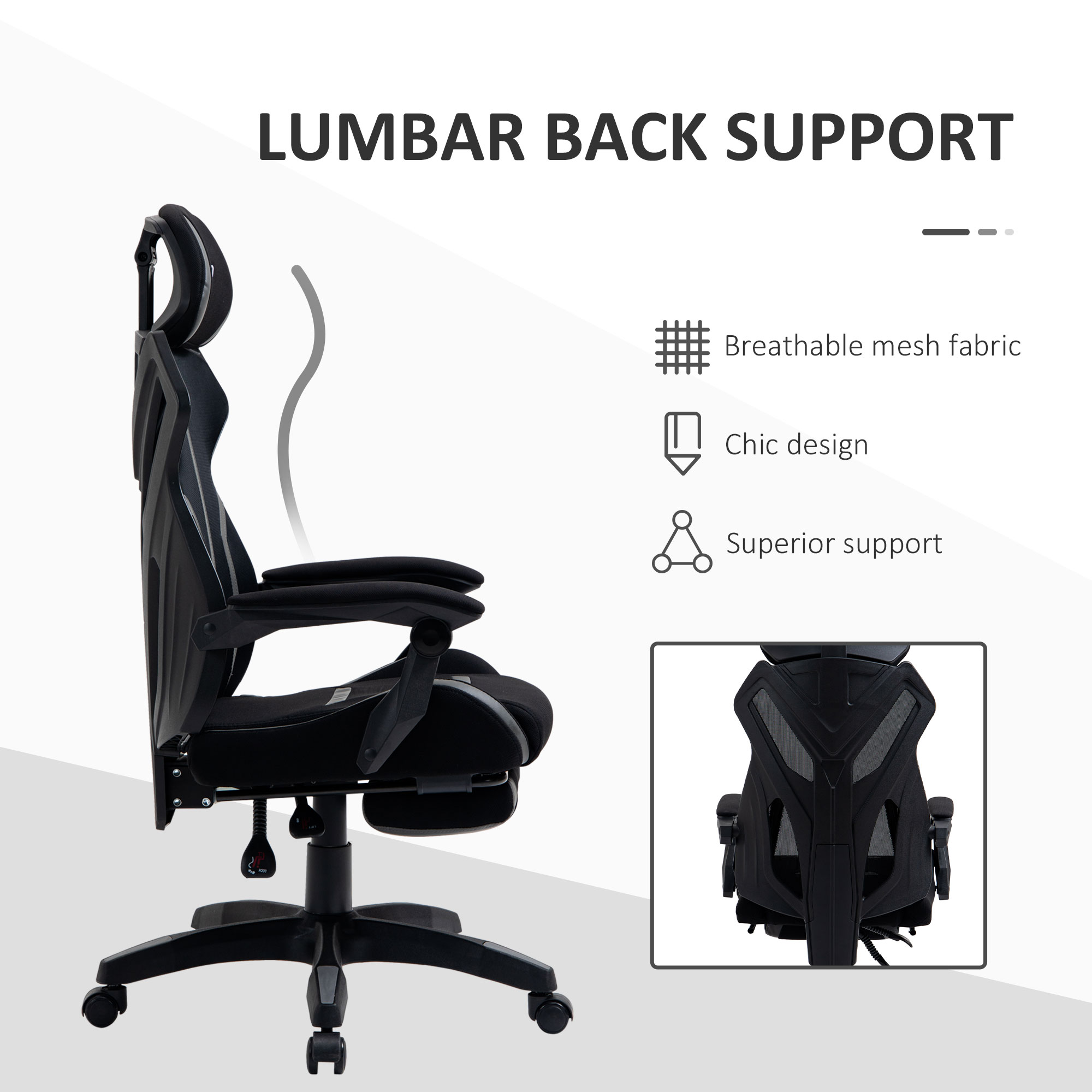 Vinsetto Mesh Office Chair Desk Task Computer Recliner with Footrest, Lumbar Back Support, Swivel Wheels, Adjustable Height for Home, Black Grey 7