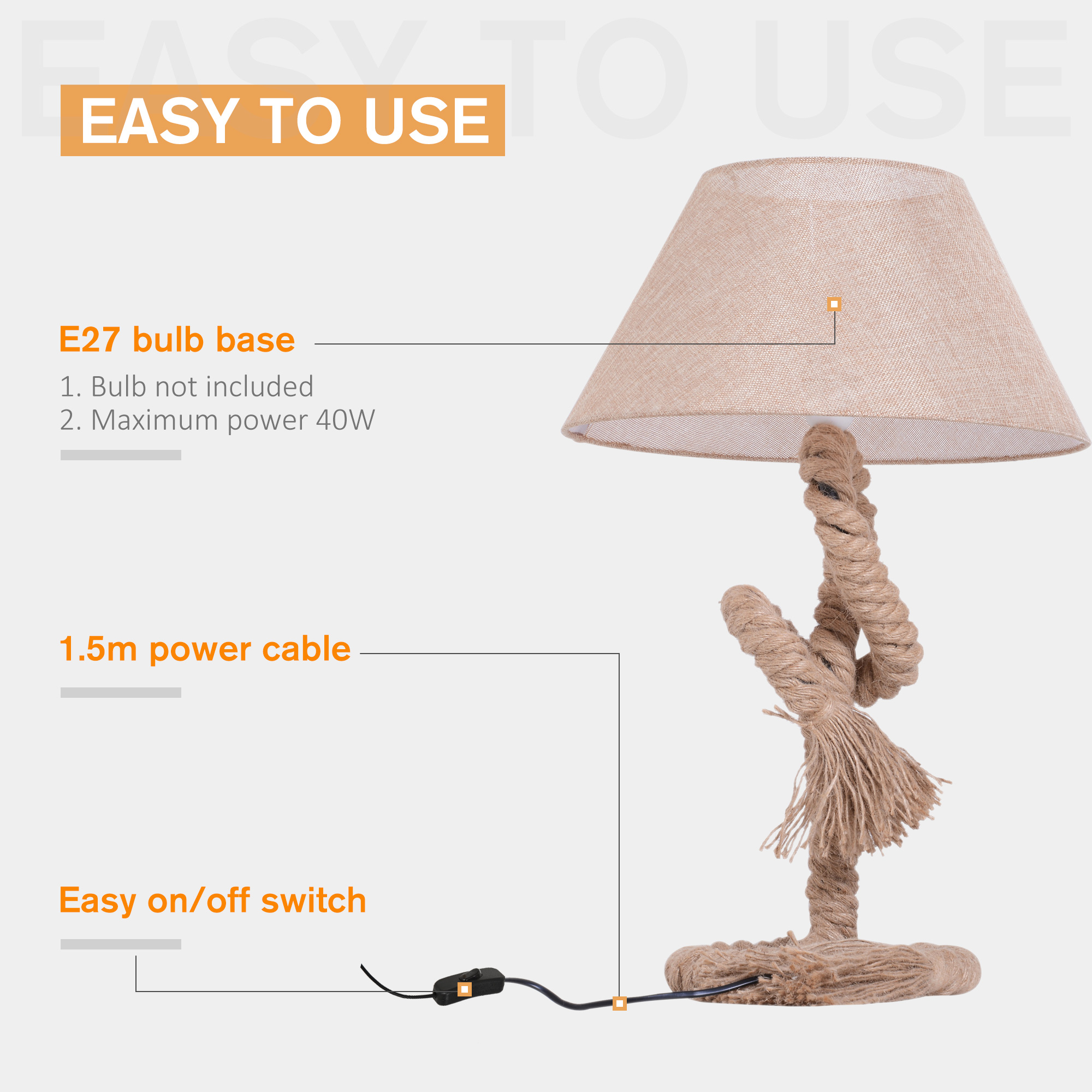 HOMCOM Table Lamp Bedside Light Indispensable Nautical Twisted Rope Glow E27 Bedroom Living Room Beige 6