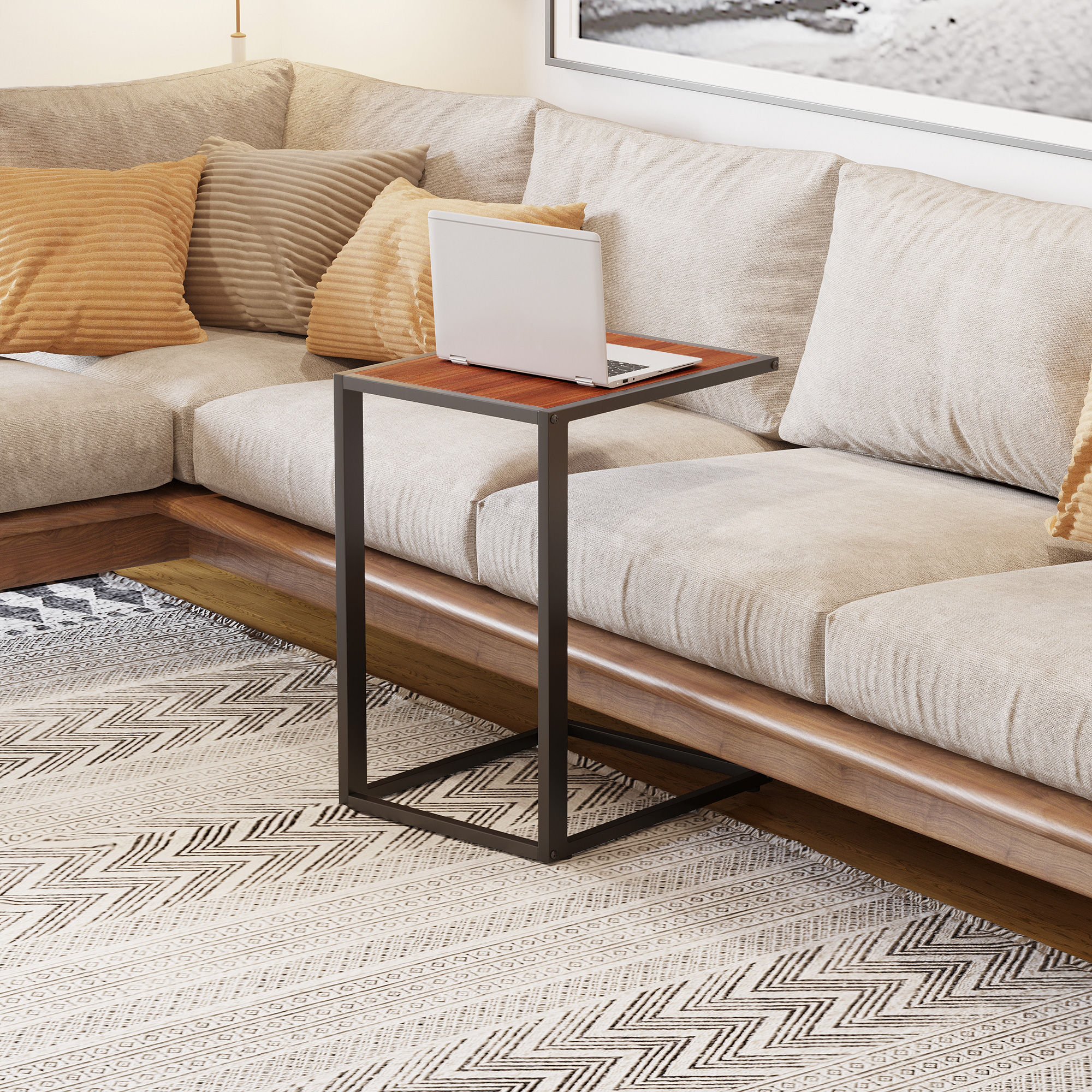 HOMCOM C-Shaped Side Table, Sofa End Table with Metal Frame, Accent Couch Table for Living room, Bedroom, Walnut and Black 2