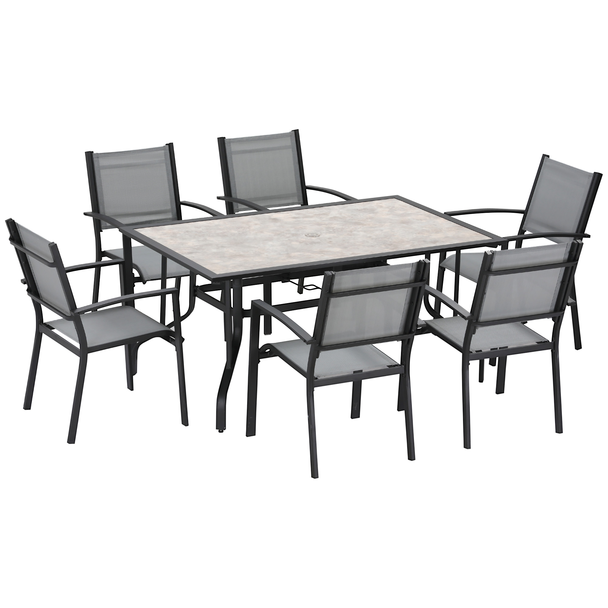 Product photograph of Outsunny 7 Piece Garden Dining Set Armchairs And Table With Parasol Hole 6 Seater Outdoor Patio Furniture With Texteline Seat For Backyard Grey from Aosom UK