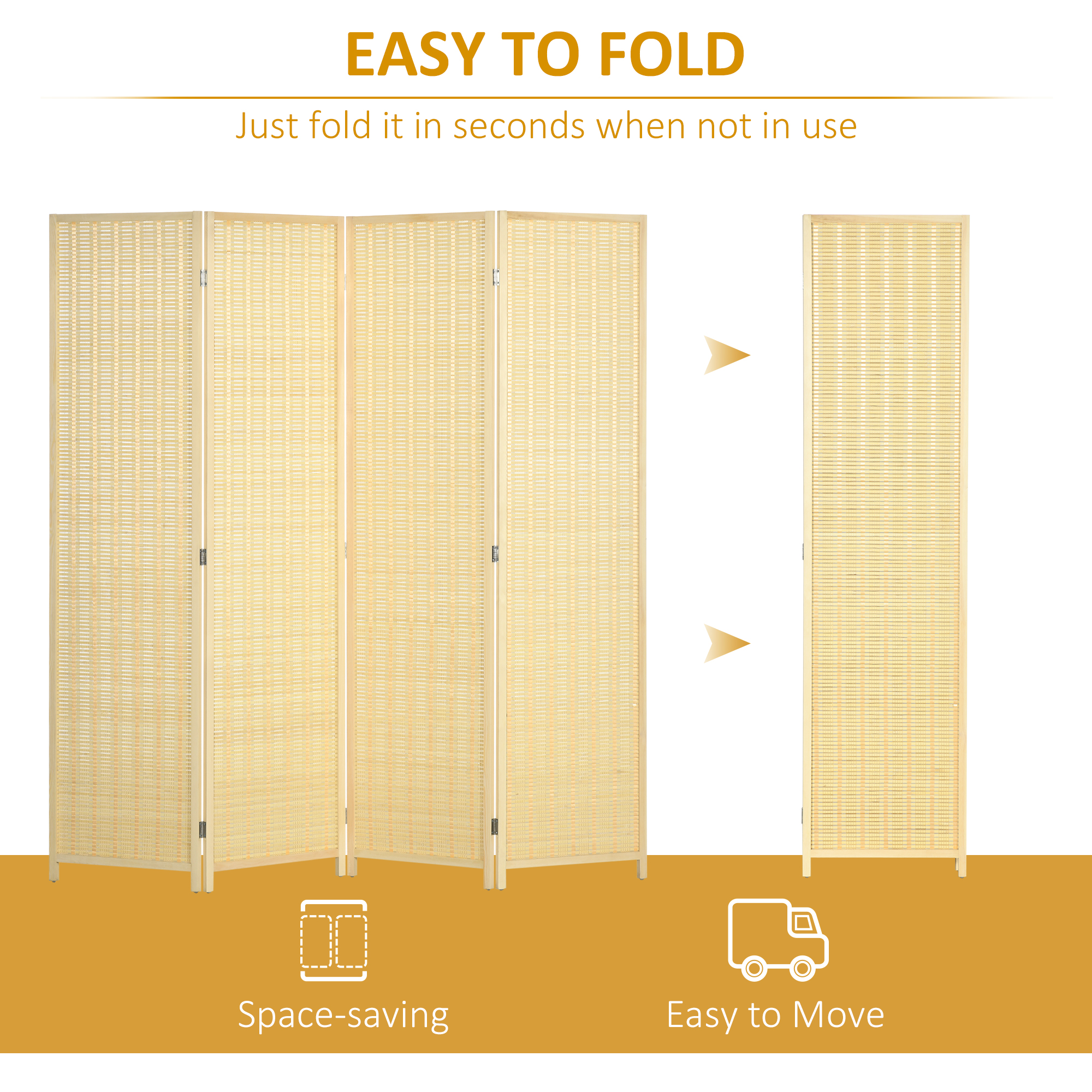 HOMCOM 4 Panel Folding Room Divider Screen, Wall Panel Privacy Furniture, Freestanding Paravent Partition Separator for Living Room, Bedroom and Office, 180 x 180cm, Natural 6