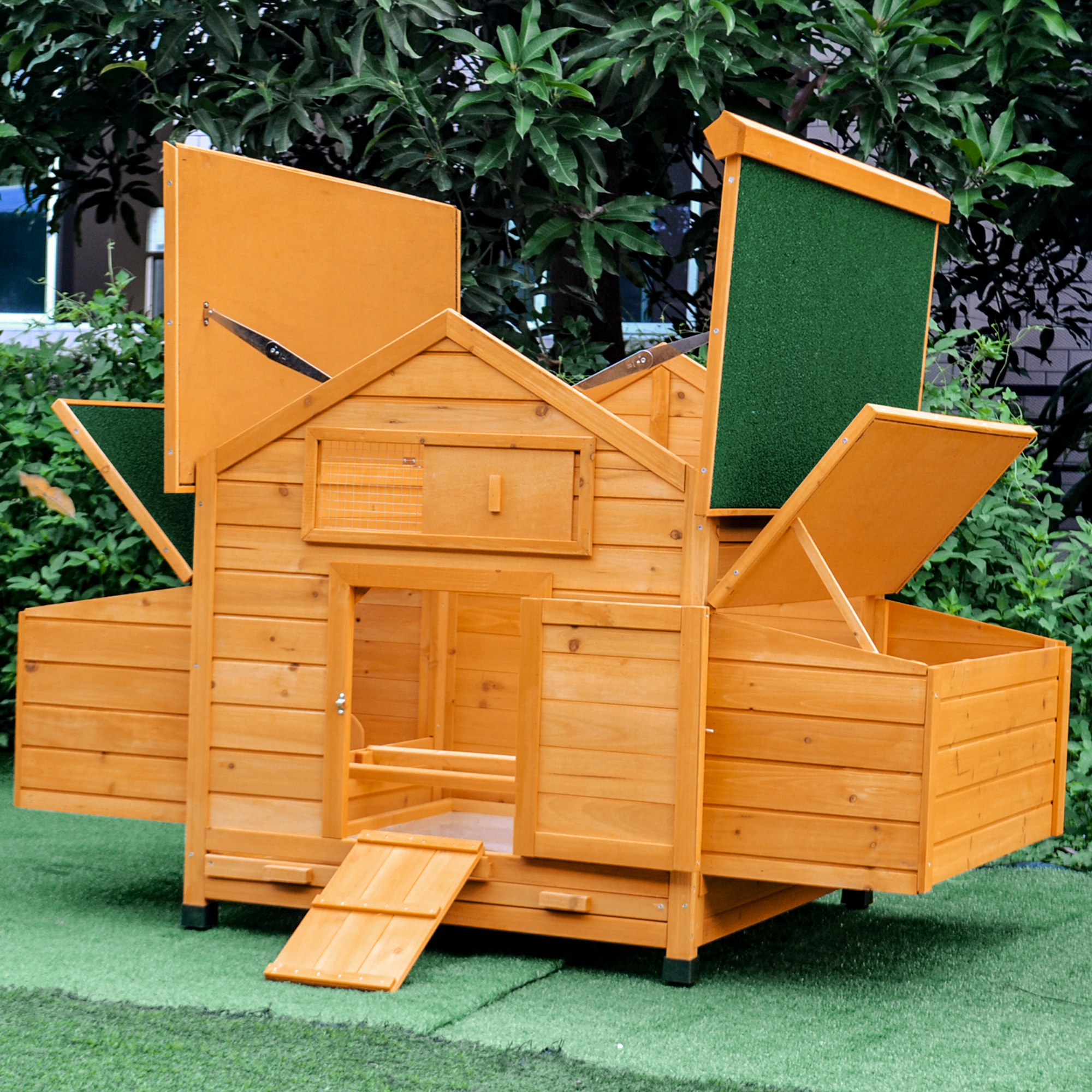 PawHut Wooden Chicken Coop with Nesting Boxes, Tray, for 2-4 Chickens, Yellow 2