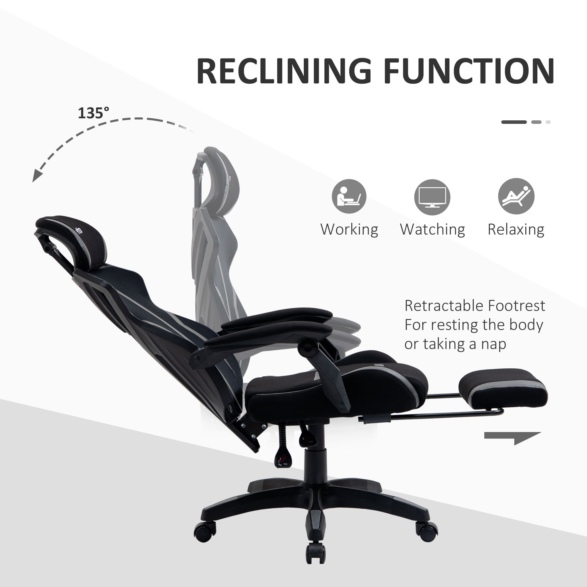 Vinsetto Mesh Office Chair Desk Task Computer Recliner with Footrest, Lumbar Back Support, Swivel Wheels, Adjustable Height for Home, Black Grey 6