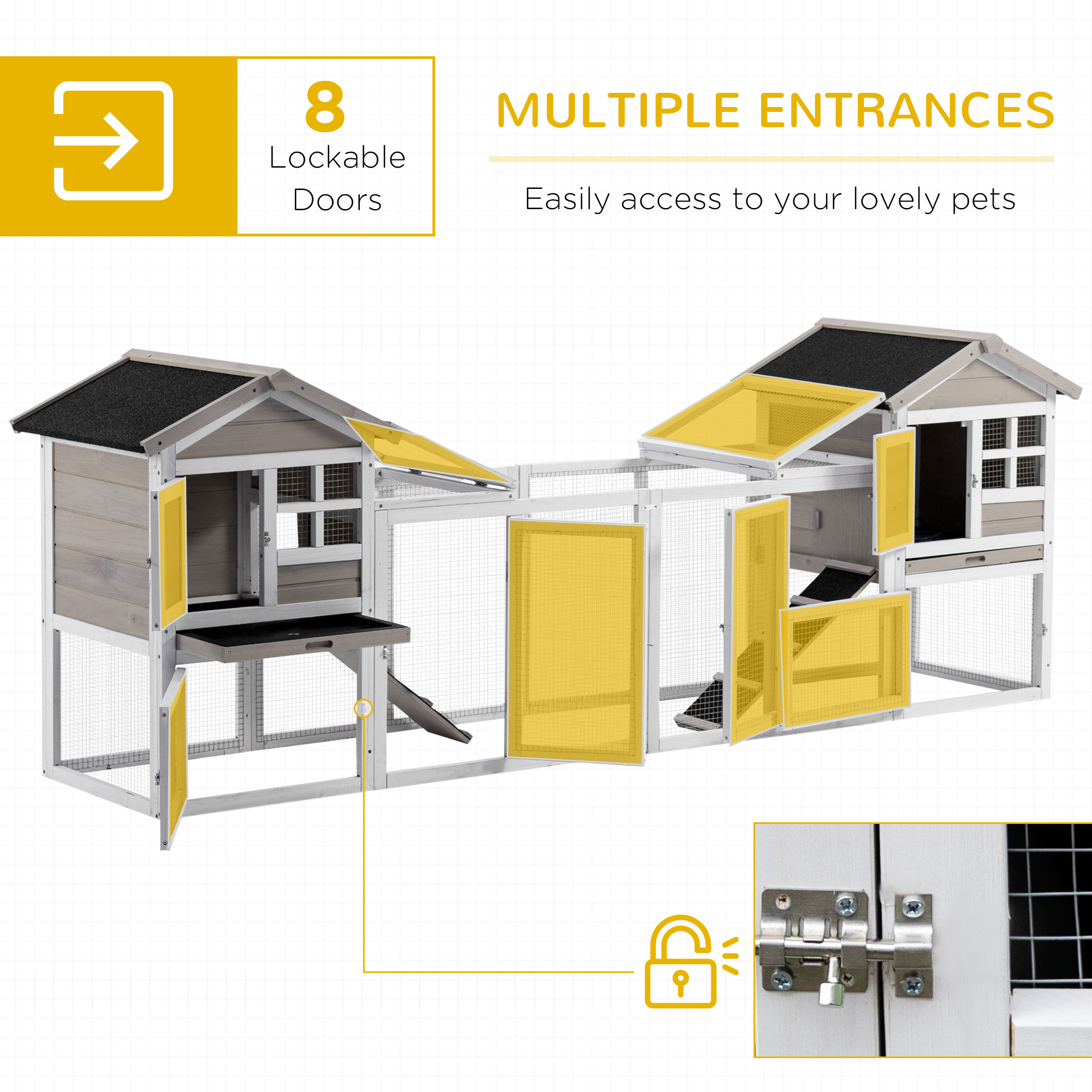 PawHut 2 in 1 Rabbit Hutch Outdoor Guinea Pig Hutch Bunny Run Double Main House with Run, No-Leak Tray 259 x 64 x 92cm, Grey 7