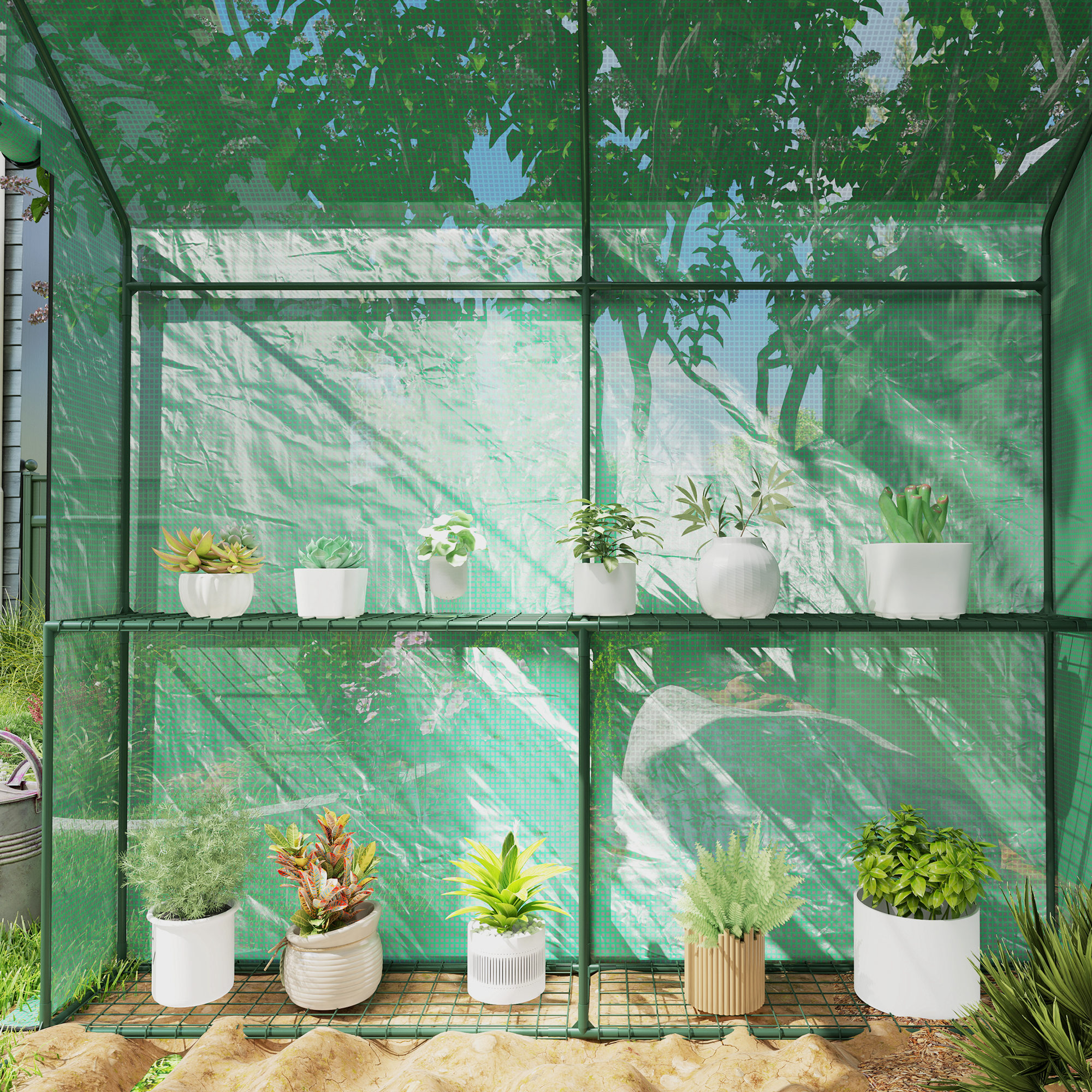 Outsunny 120 x 186cm Walk-In Greenhouse, with Shelves Green 7