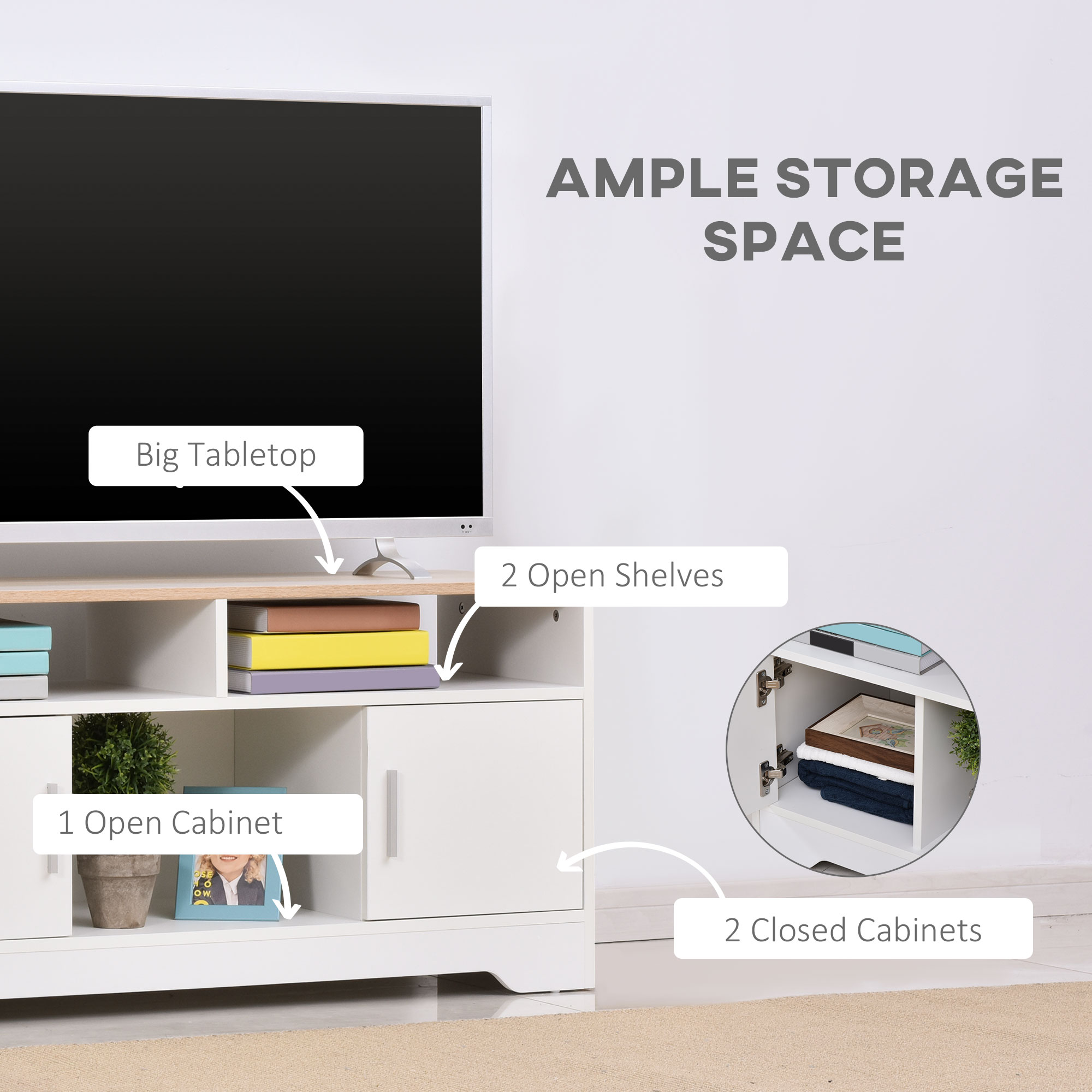 HOMCOM TV Stand Cabinet up to 50", Modern TV Unit with Storage, Open Shelves and Cable Management for Living Room, Bedroom, White 4