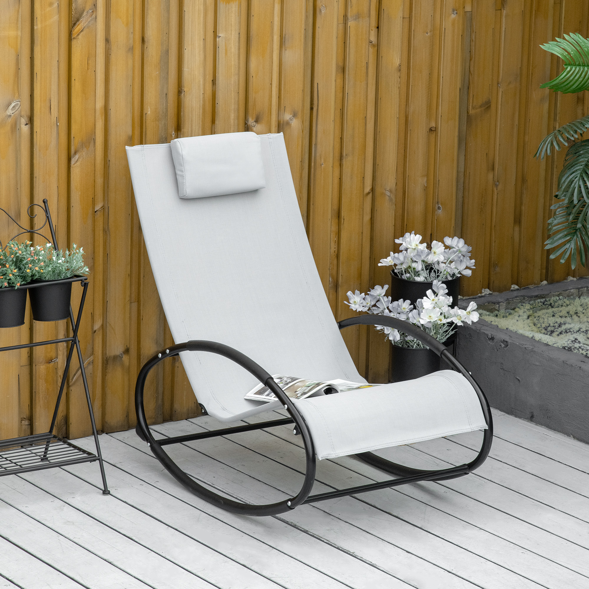 Outsunny Outdoor Rocking Chair Sun Lounger Recliner Rocker with Texteline Fabric Patio Garden Relaxer with Pillow Grey 2