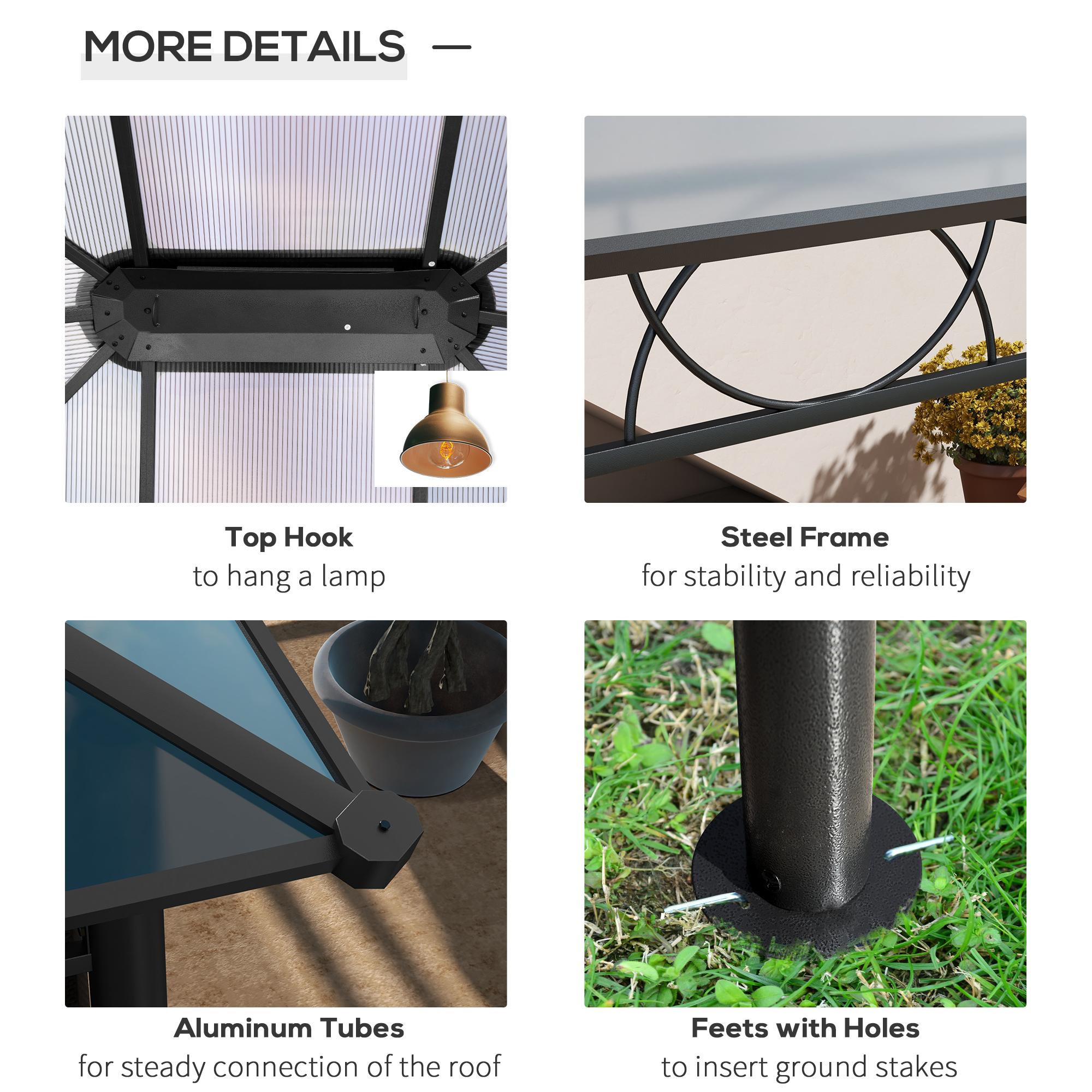 Outsunny Hardtop Gazebo Garden Pavilion with UV Resistant Polycarbonate Roof, Curtains, Steel & Aluminium Frame, 3 x 4m, Grey 6