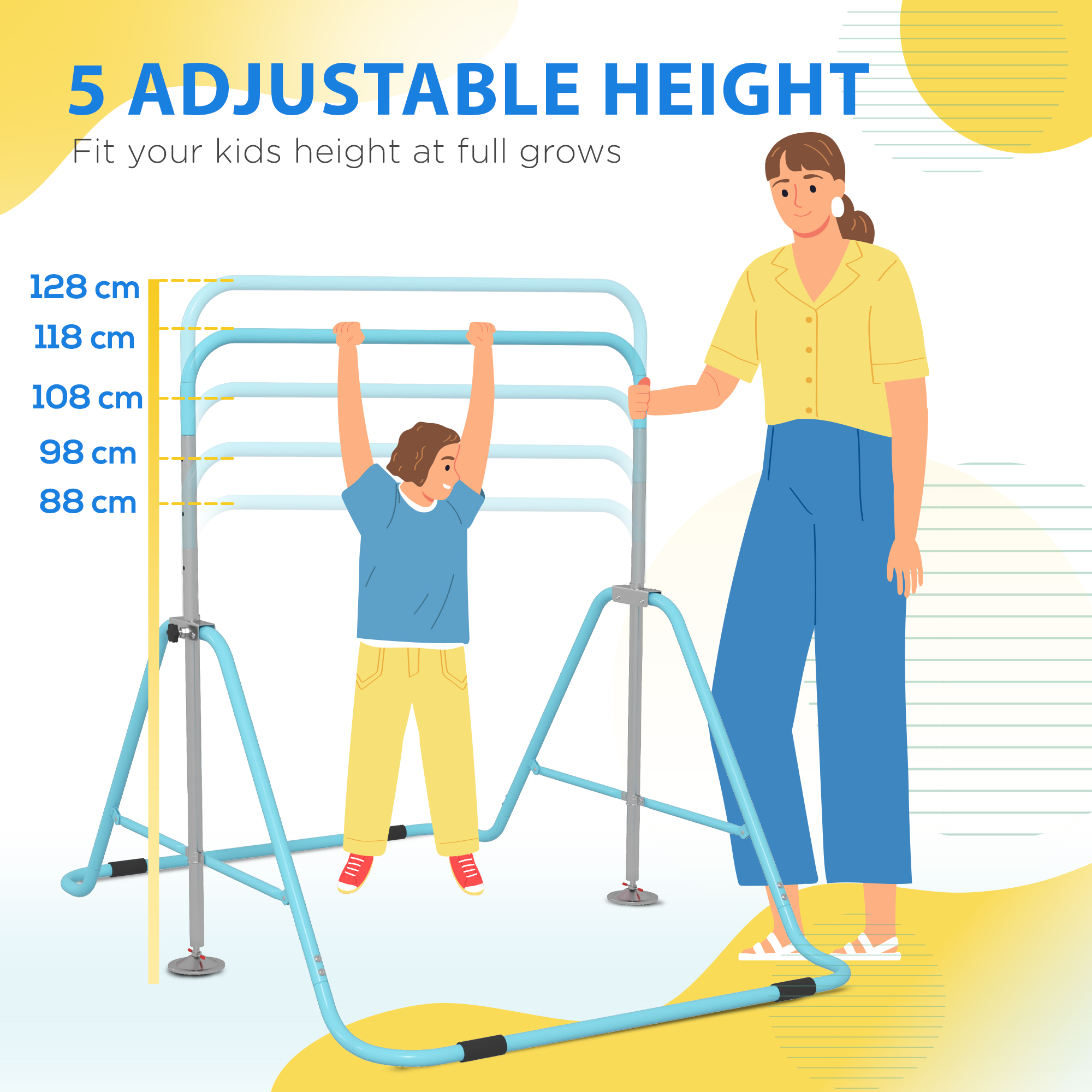 HOMCOM Kids Gymnastic Bar, with Adjustable Height, Foldable Horizontal Bars Light Blue 4