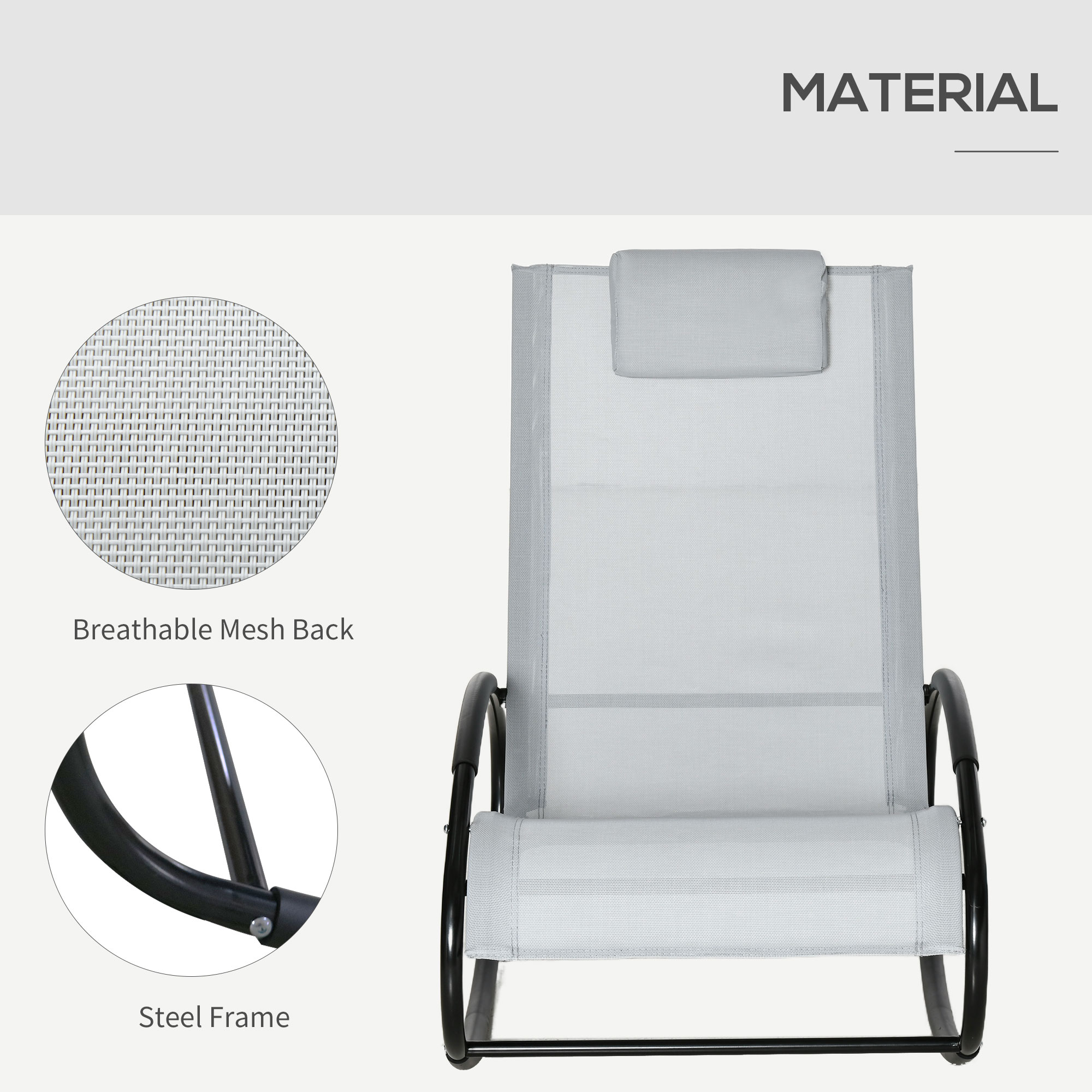 Outsunny Outdoor Rocking Chair Sun Lounger Recliner Rocker with Texteline Fabric Patio Garden Relaxer with Pillow Grey 6