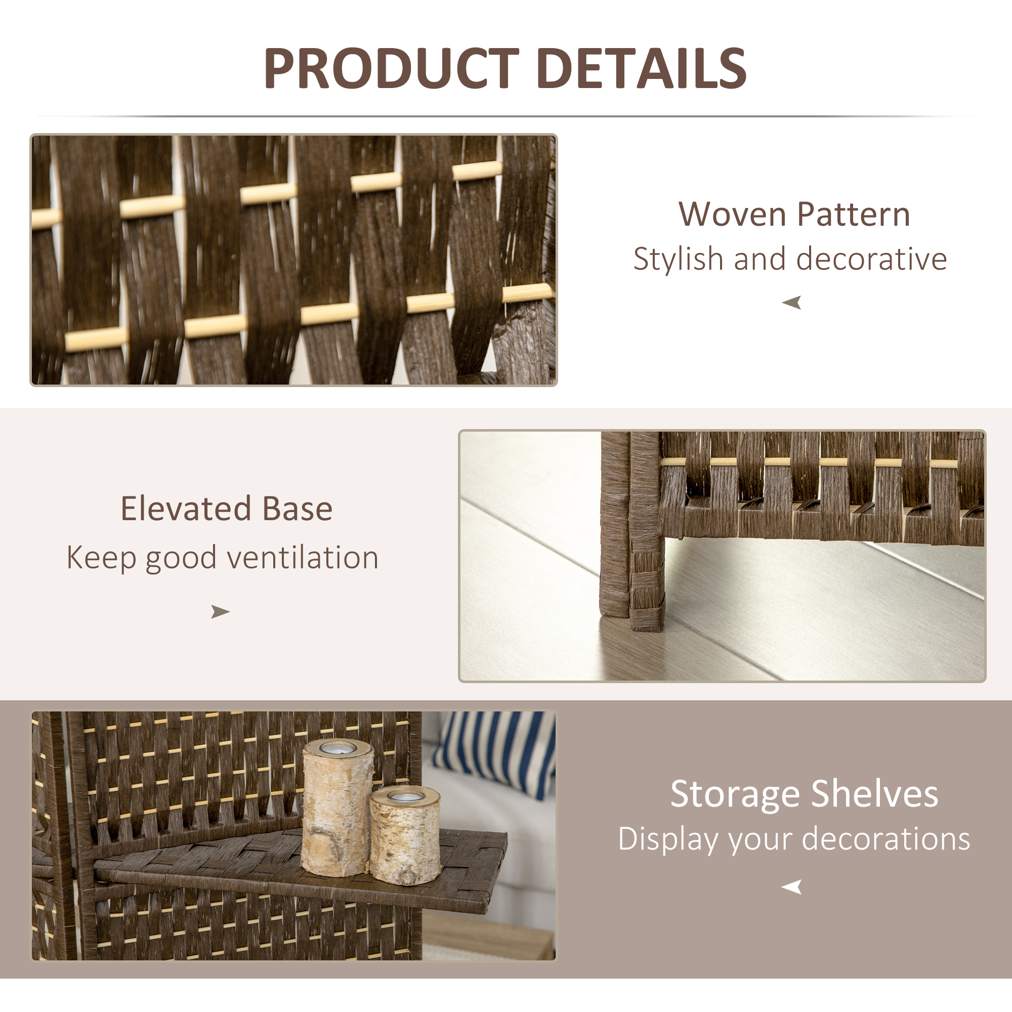 HOMCOM 4-Panel Room Dividers with Shelves, Wave Fibre Freestanding Folding Privacy Screen Panels, Partition Wall Divider for Indoor Bedroom Office, 180 cm, Brown 6