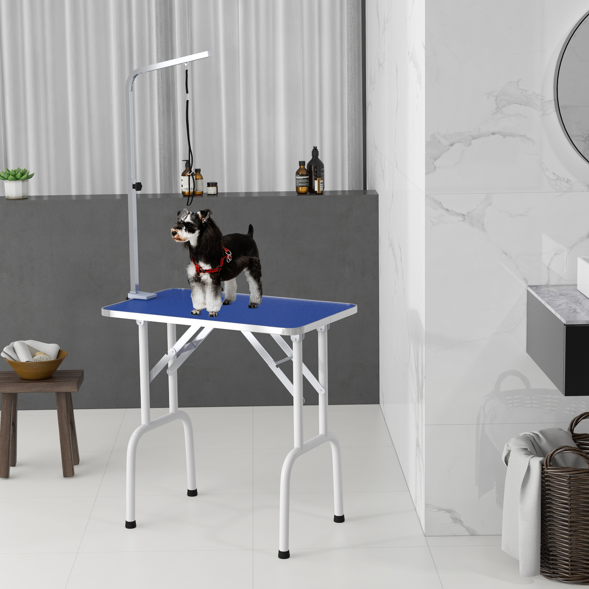 PawHut 32" Foldable Dog Grooming Table Pet Drying Beauty Table Adjustable Fixed Arm Rubber Top, Black