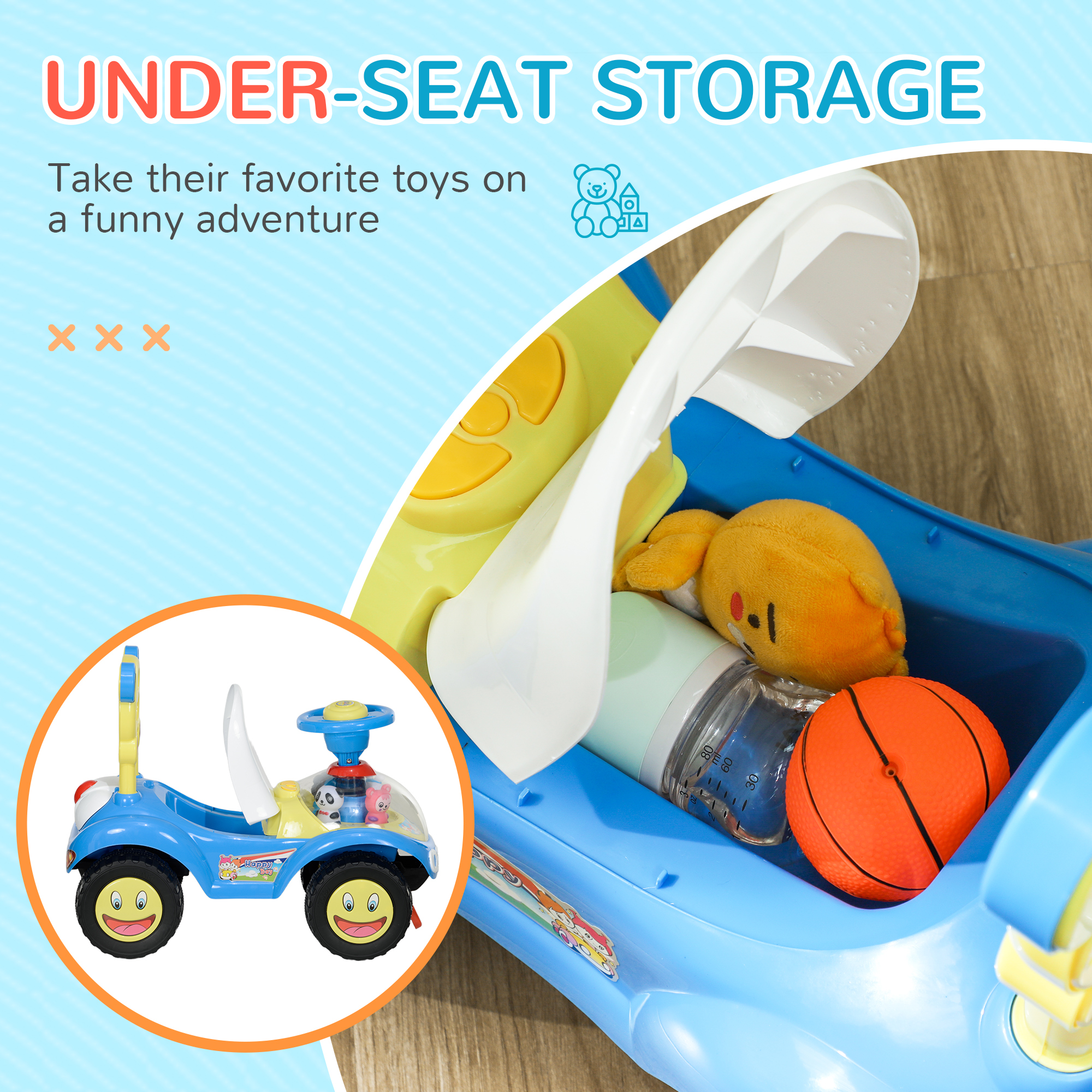 AIYAPLAY Foot to Floor oddler Ride on Toy w/ Music, Light, Horn, Under Seat Storage, Anti-Over-Backwards Device, Blue 6