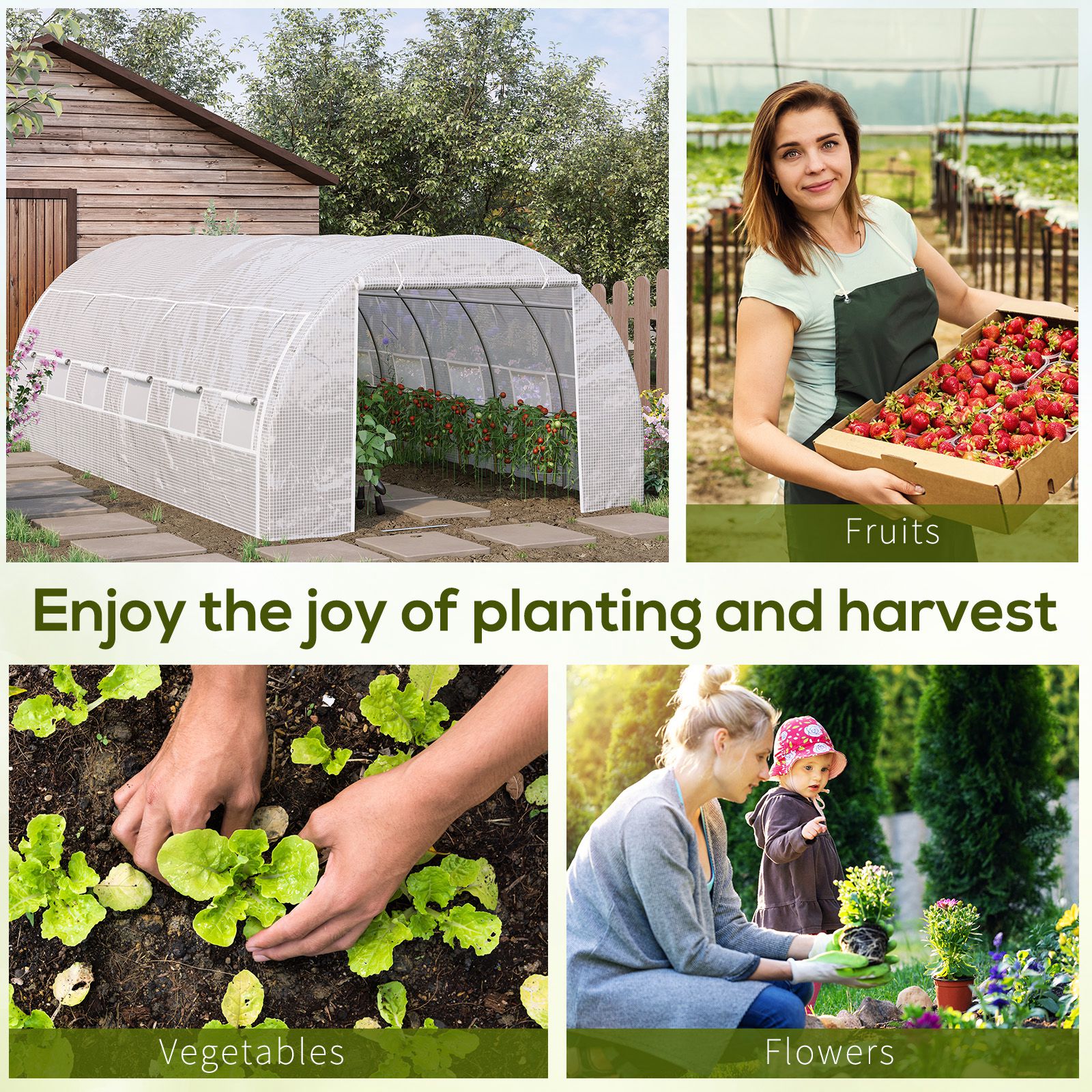 Outsunny 6 x 3 x 2 m Polytunnel Greenhouse with Roll-up Side Walls, Walk-in Grow House Tent with Steel Frame, Reinforced Cover, Zipped Door and 12 Mesh Windows for Garden, White 7