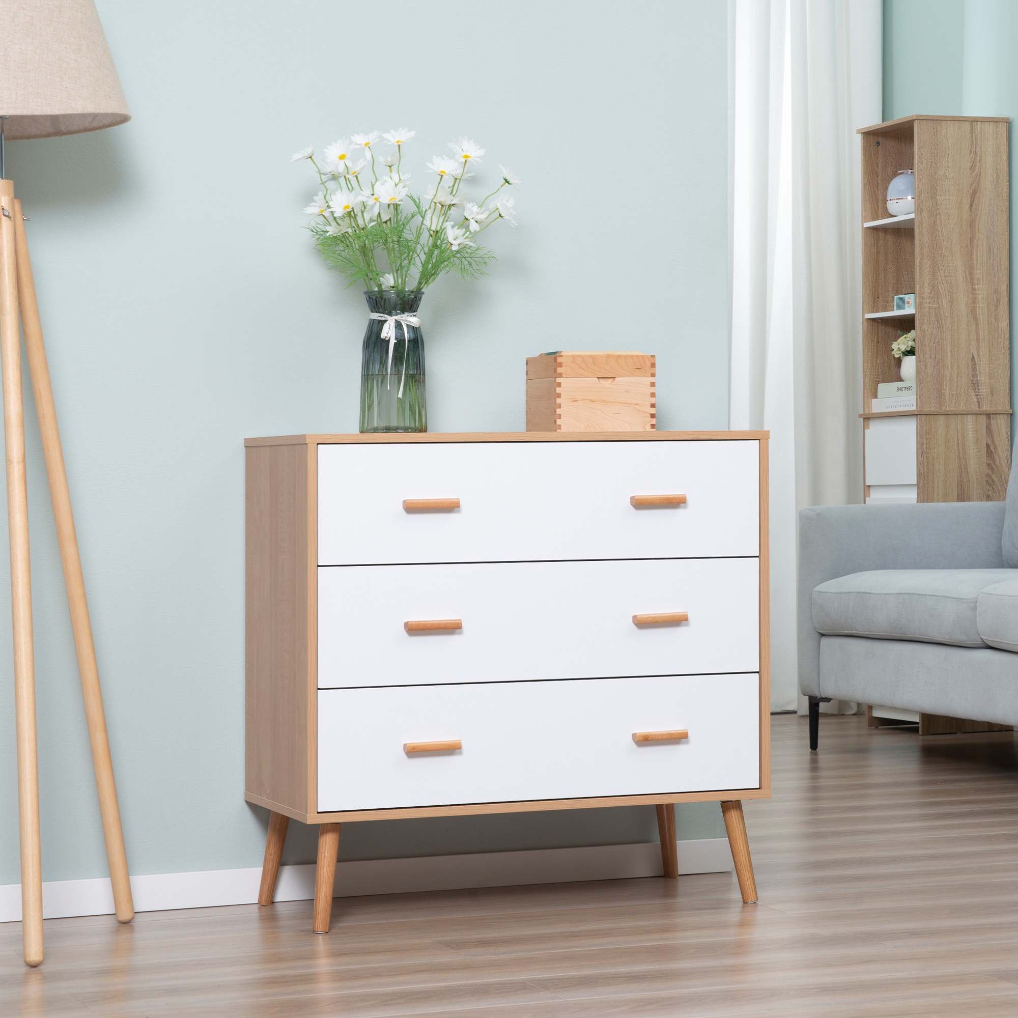 HOMCOM Chest of Drawers with 3 Drawers, Bedroom Cabinet, Storage Organizer for Living Room, White and Natural 2