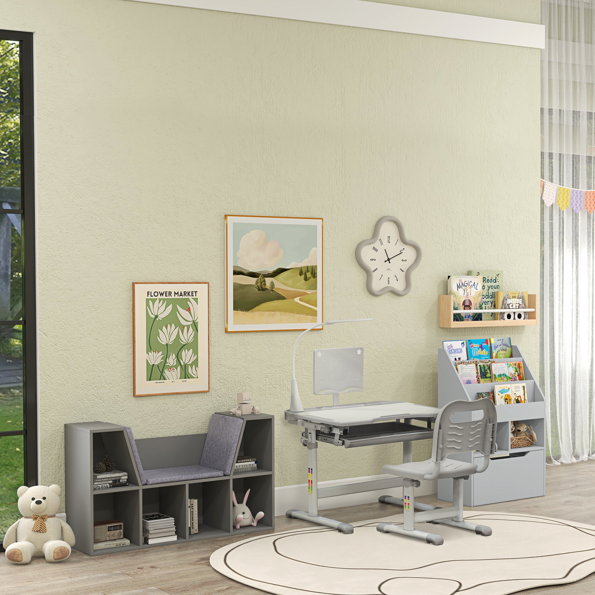HOMCOM Kids Study Desk and Chair Set w/ Adjustable Height, Storage, Drawer, Grey 9