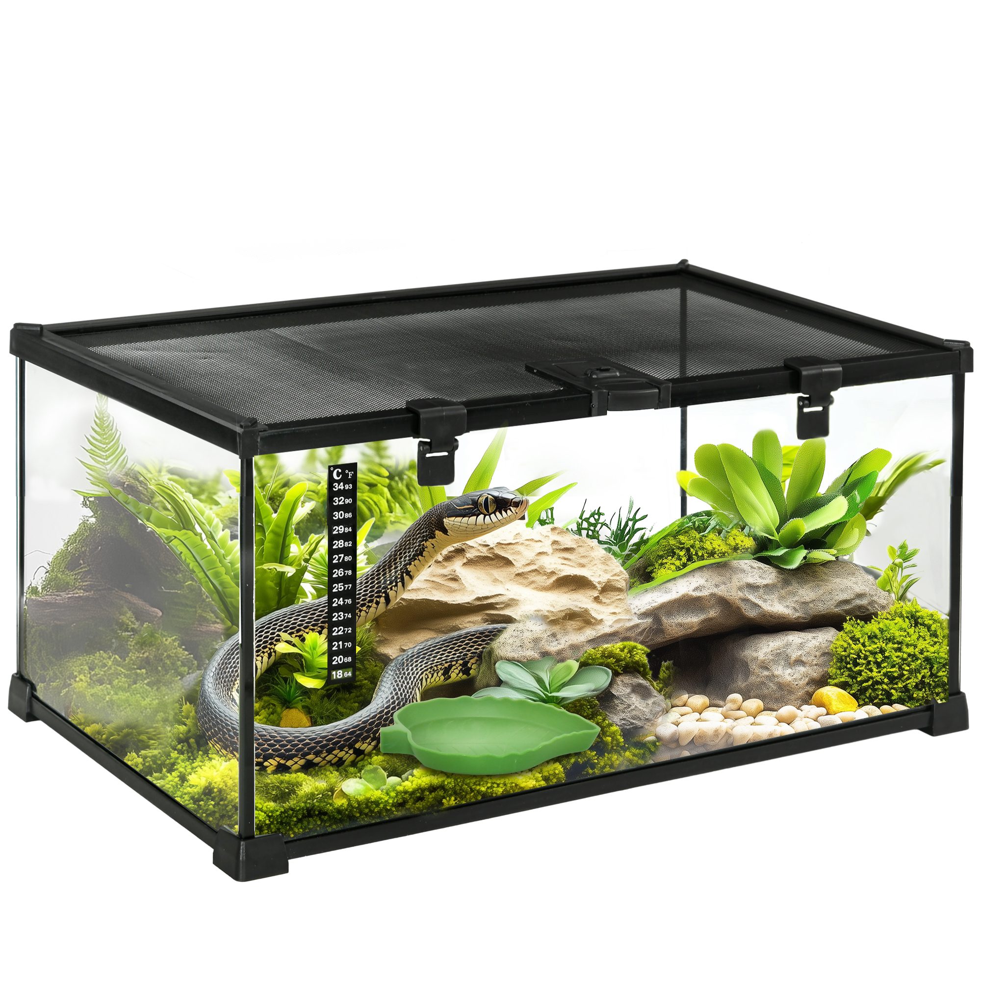 PawHut Glass Reptile Terrarium Insect Breeding Tank Vivarium Habitats with Thermometer for Lizards, Horned Frogs, Snakes, Spiders - Small 30 x 30 x 20cm