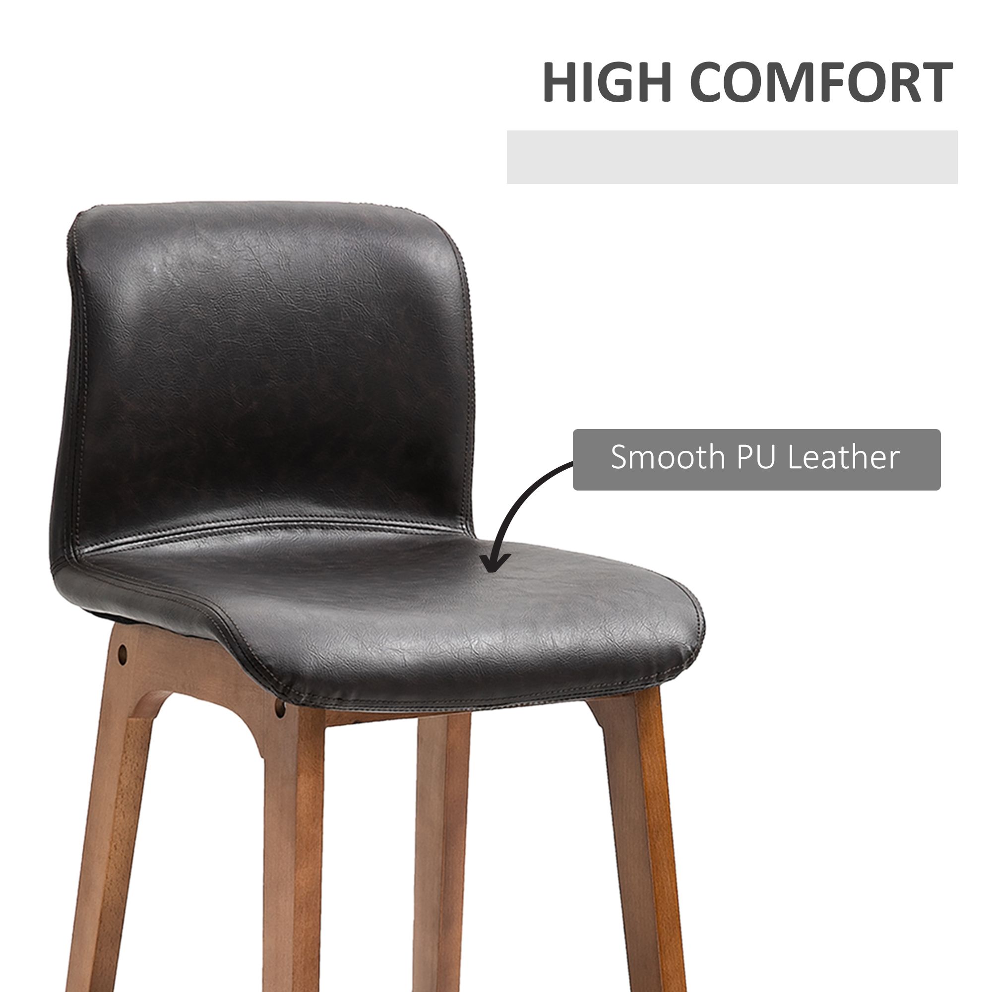 HOMCOM Modern Bar Stools Set of 2, PU Leather Upholstered Bar Chairs with Wooden Frame, Footrest for Home Bar, Dining Room 6