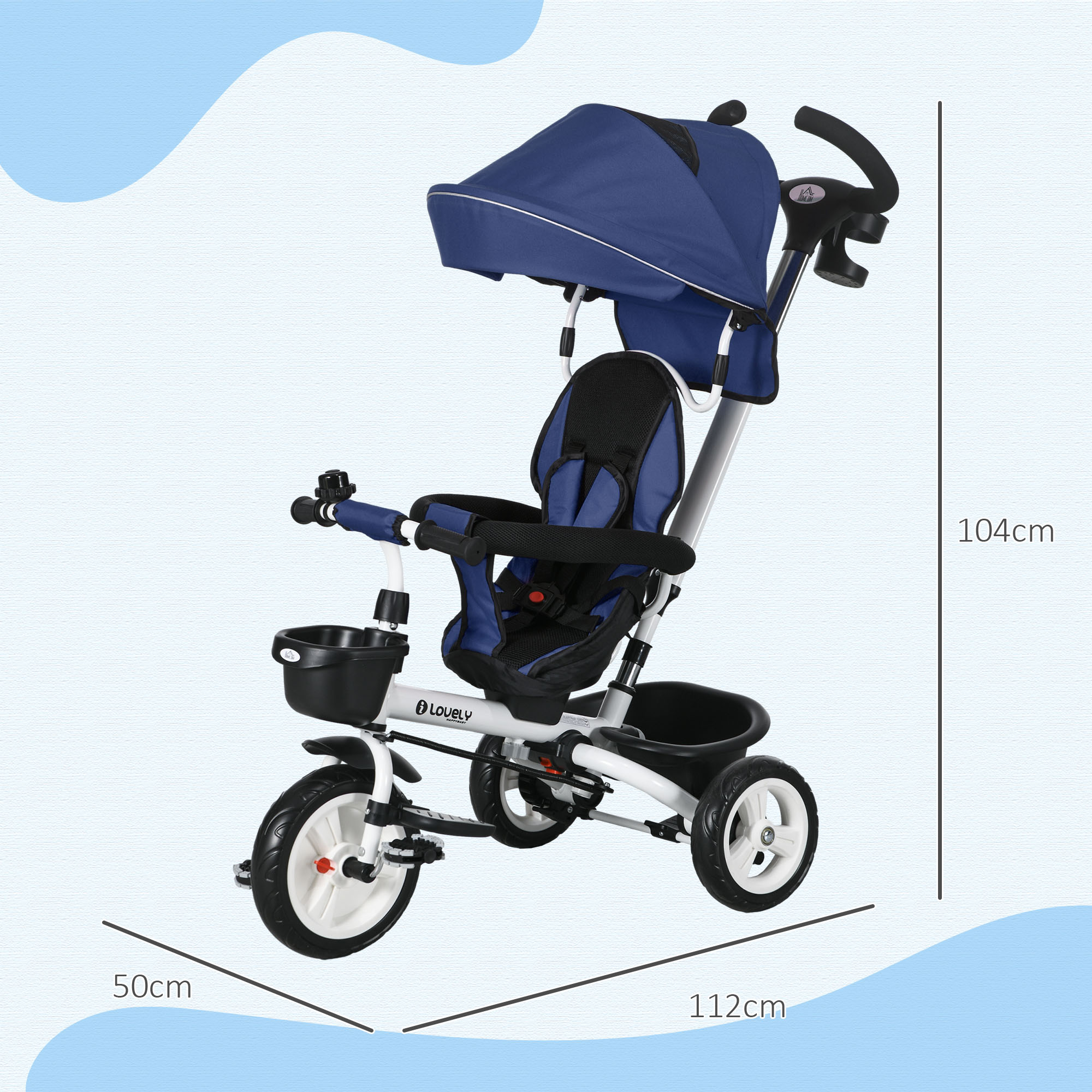 HOMCOM Triciclo Evolutivo 6 En 1 Para Bebés – Con Toldo, Bolsa Y Mango Telescópico, Desde Bebé Hasta 25 Kg