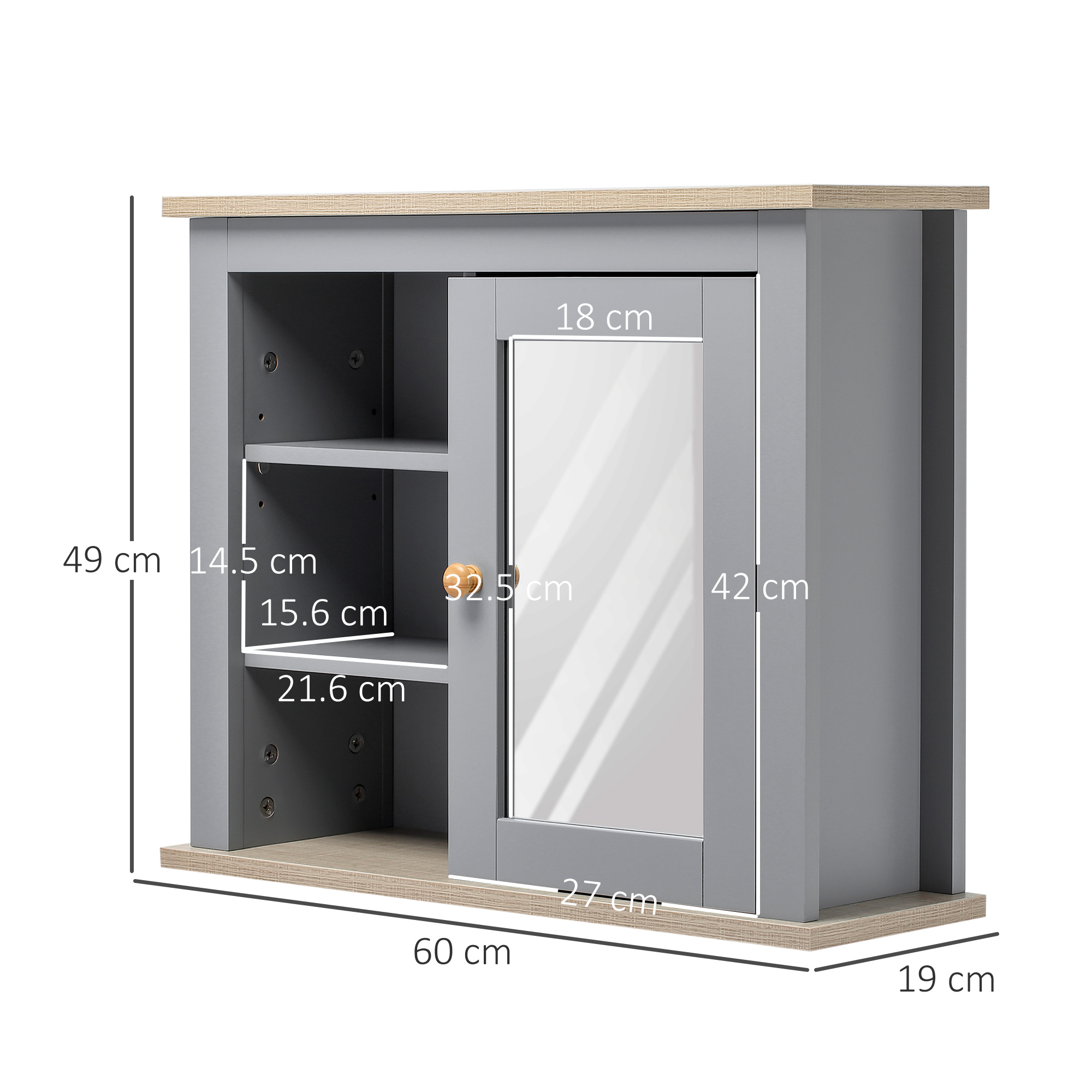 kleankin Bathroom Wall Mirror Cabinet, Cupboard with Door, Storage Cabinet with Adjustable Shelf for Corridors Living Rooms, Grey 3