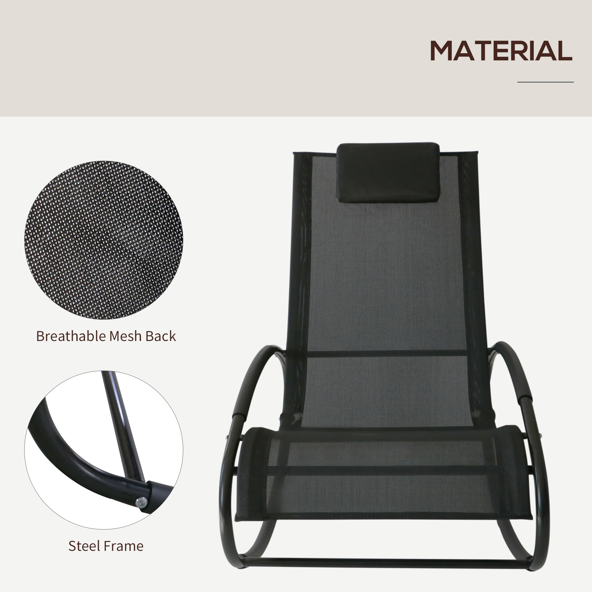 Outsunny Rocking Chair Sun Lounger Recliner Rocker Texteline Fabric Patio Garden Relaxer with Pillow, Black 6