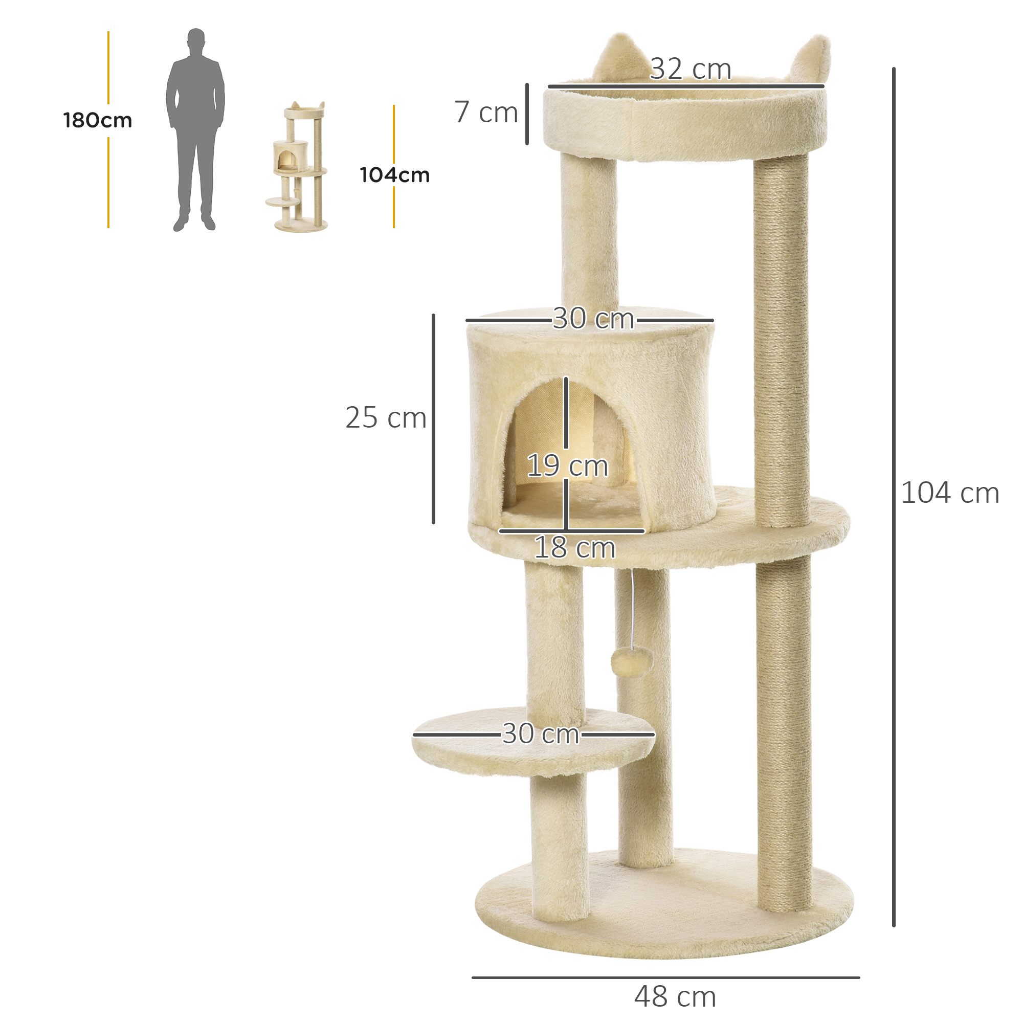 PawHut 104 cm Cat Tree, Cat Condo Tree Tower, Cat Activity Centre with Scratching Posts, Plush Perch, Hanging Ball Cream White 3
