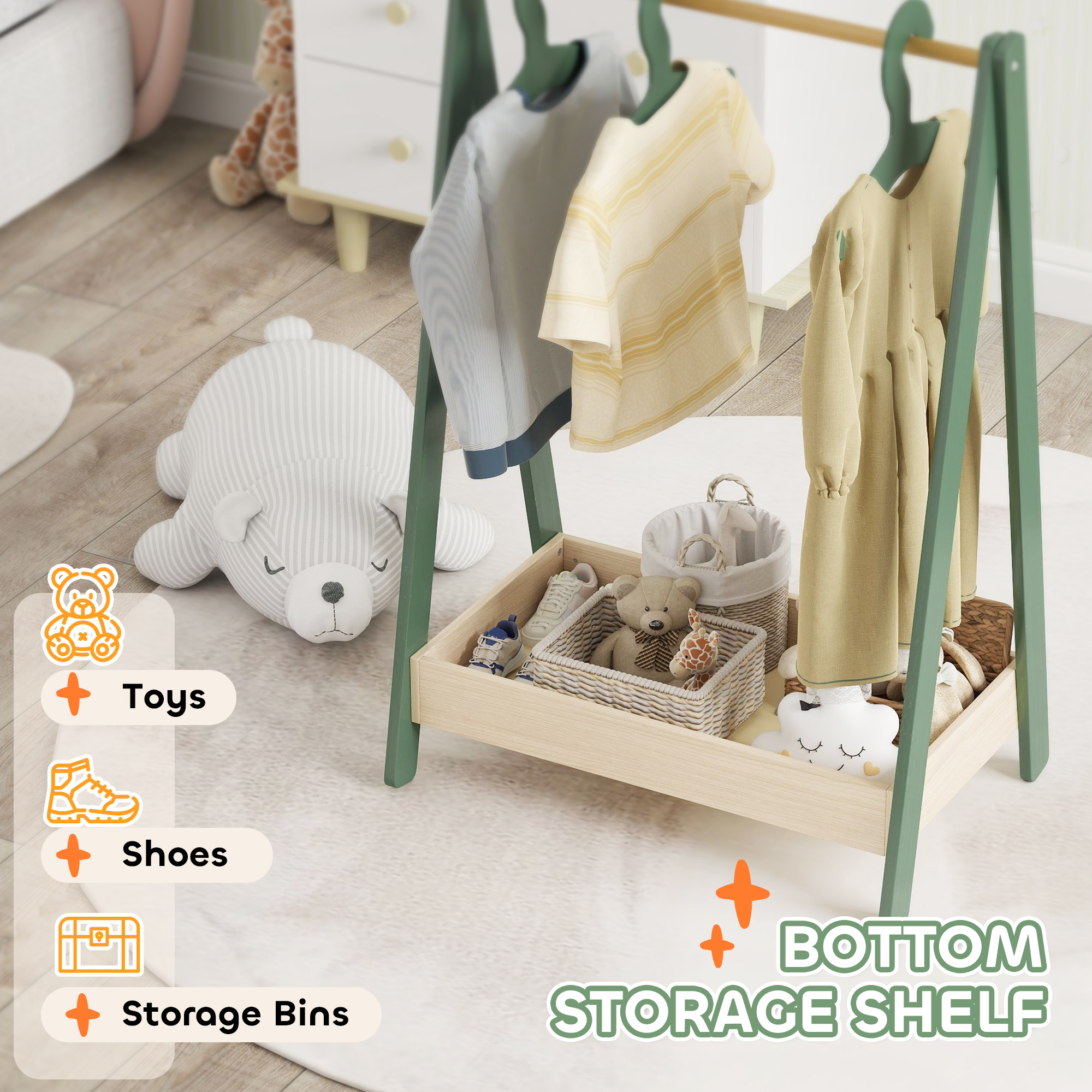 AIYAPLAY Kids Clothes Rail with 3Hangers, Bottom Storage Shelf for Girls, Boys, Nursery, Bedroom, Green 5