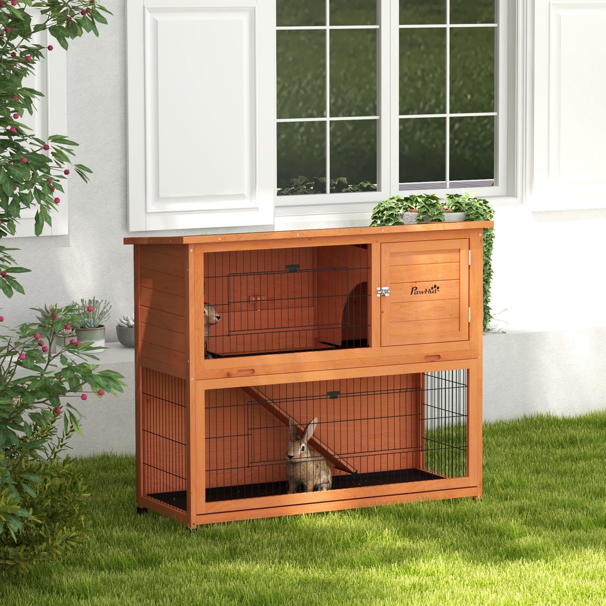 PawHut Two-Tier Antiseptic Wood Rabbit Hutch, 80cm Guinea Pig Hutch with Run - Orange