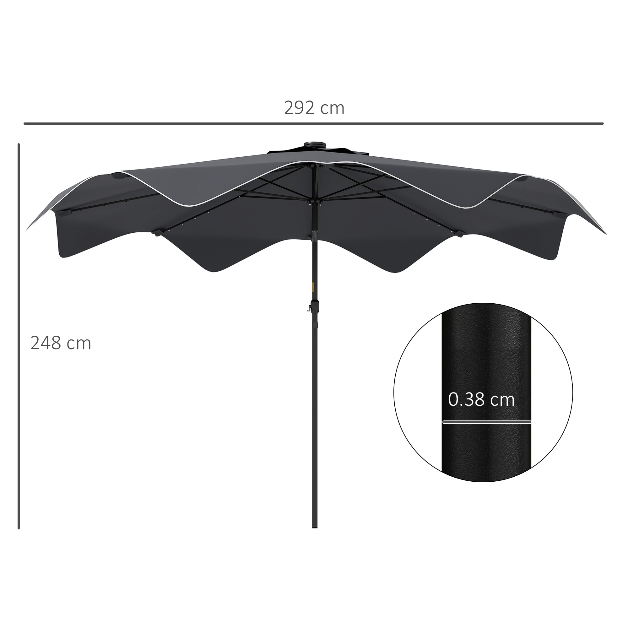 Outsunny Solar Patio Umbrella with LED and Tilt, Outdoor Market Table Umbrella Parasol with Crank, 3 x 3 (m), Dark Grey 3