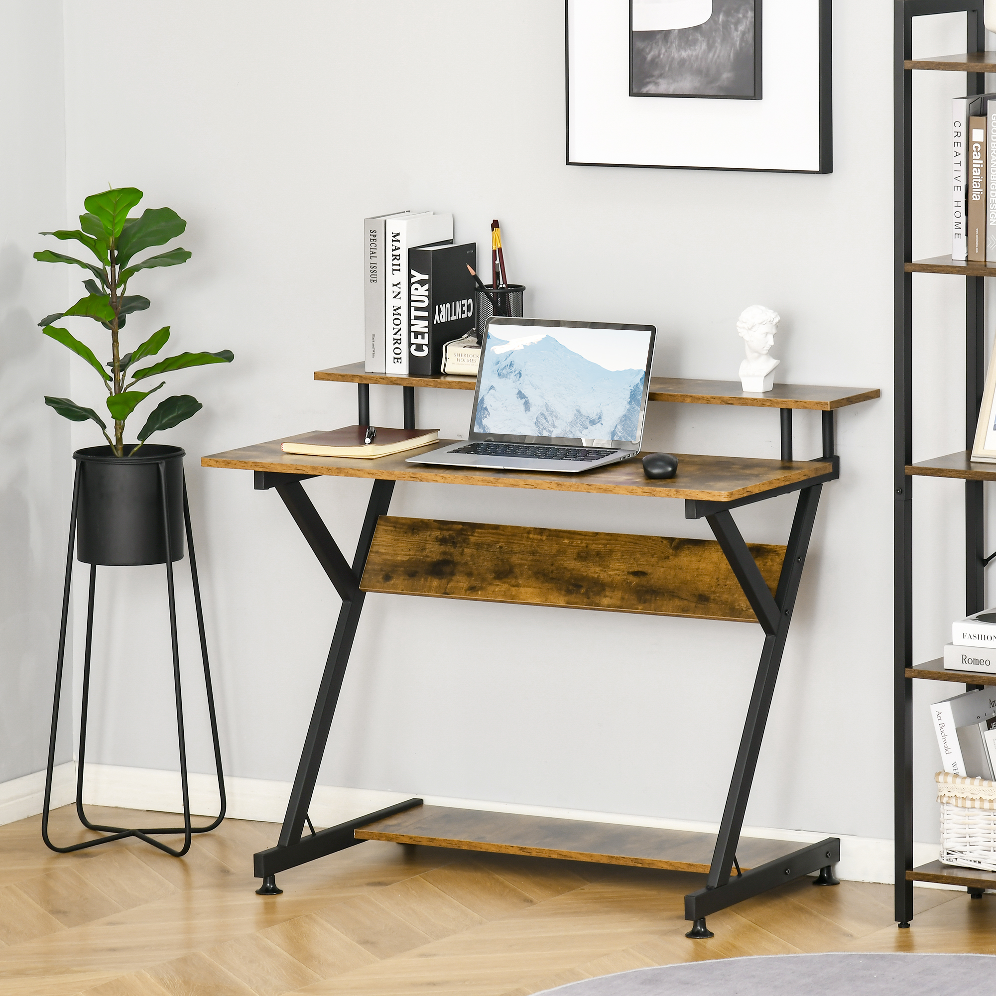 HOMCOM Industrial Computer Desk with Monitor Stand, 100 x 60cm Compact Desk for Small Spaces, Home Office Desk, Rustic Brown 6