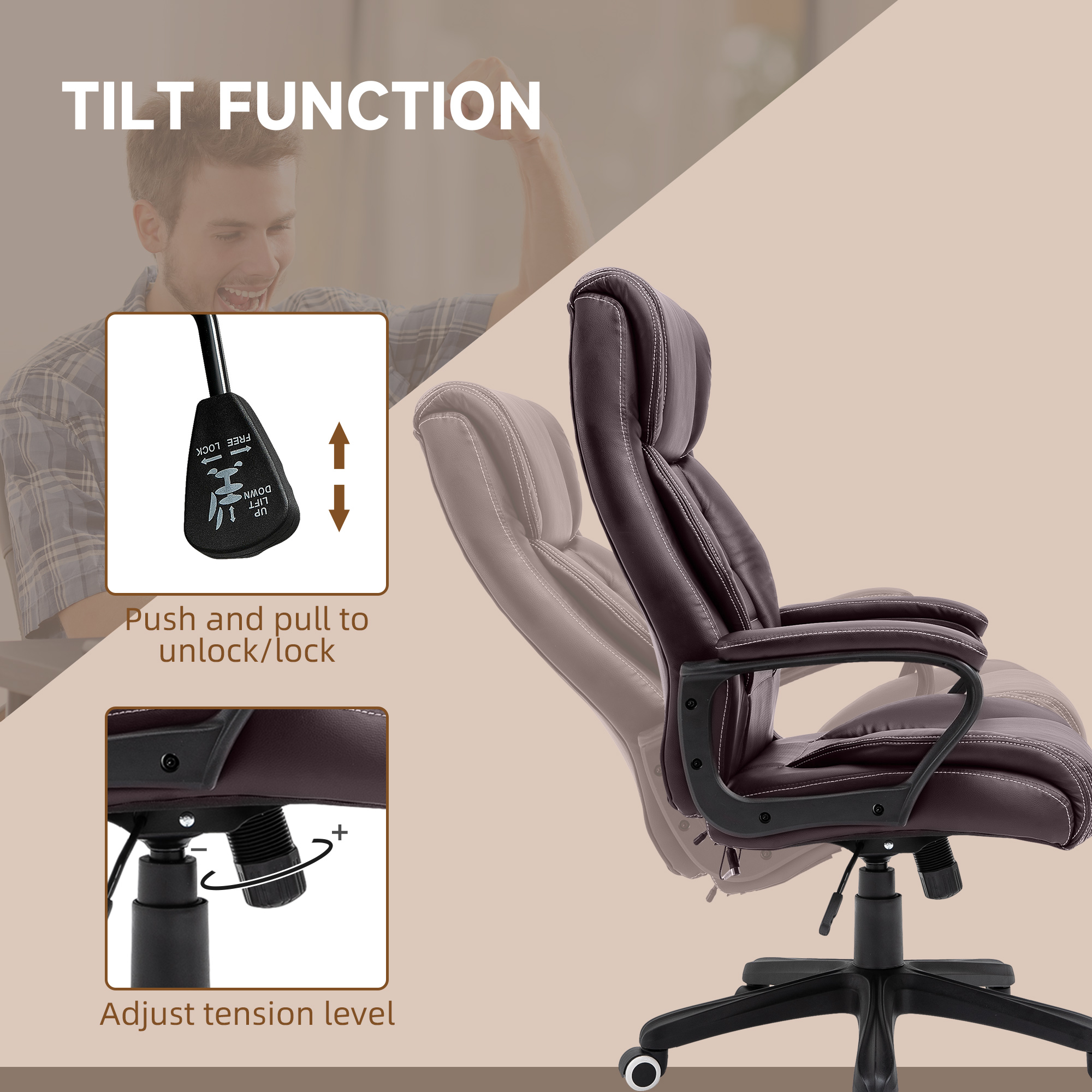 Vinsetto Office Chair with 6-Point Maaage, PU Desk Chair with Padded Seat and Armrest, Computer Chair with Tilt Function for Home, Brown 5
