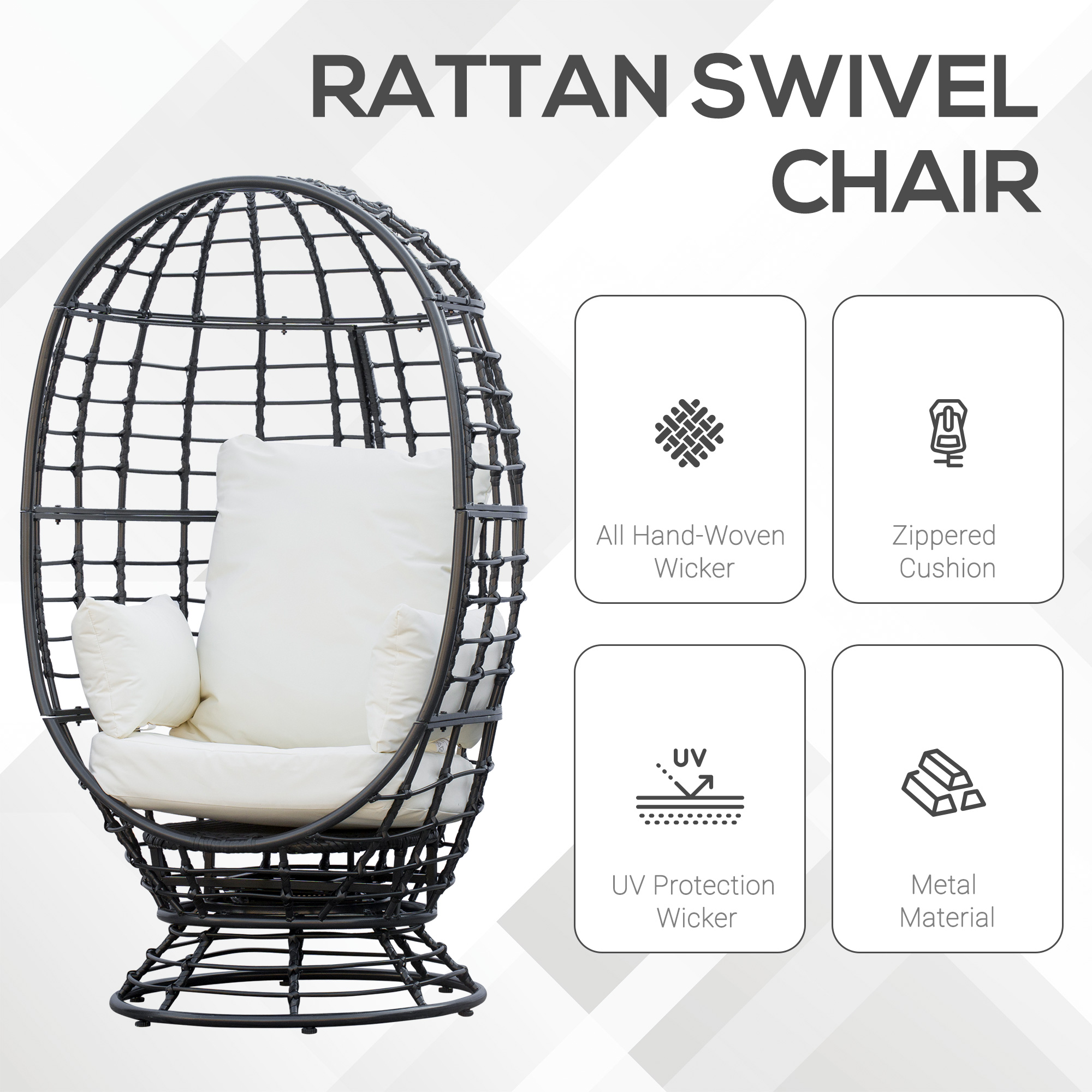 Outsunny 360° Swivel Egg Chair, Garden Rattan Swivel Chair with Thickened Cushion and Pillow, 150 KG Capacity for Indoor Outdoor, Balcony, Patio, Black 6