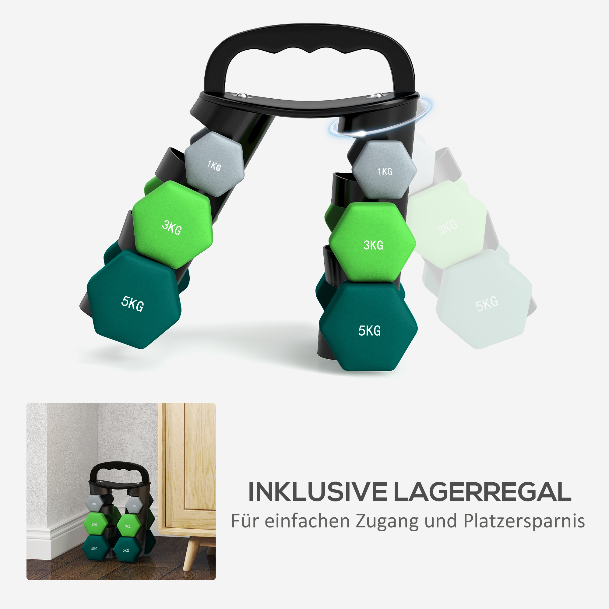 Hantlite komplekt hoiurestiga, 6 hantlit treeninguks, 2 x 1kg, 2 x 3kg, 2 x 5kg