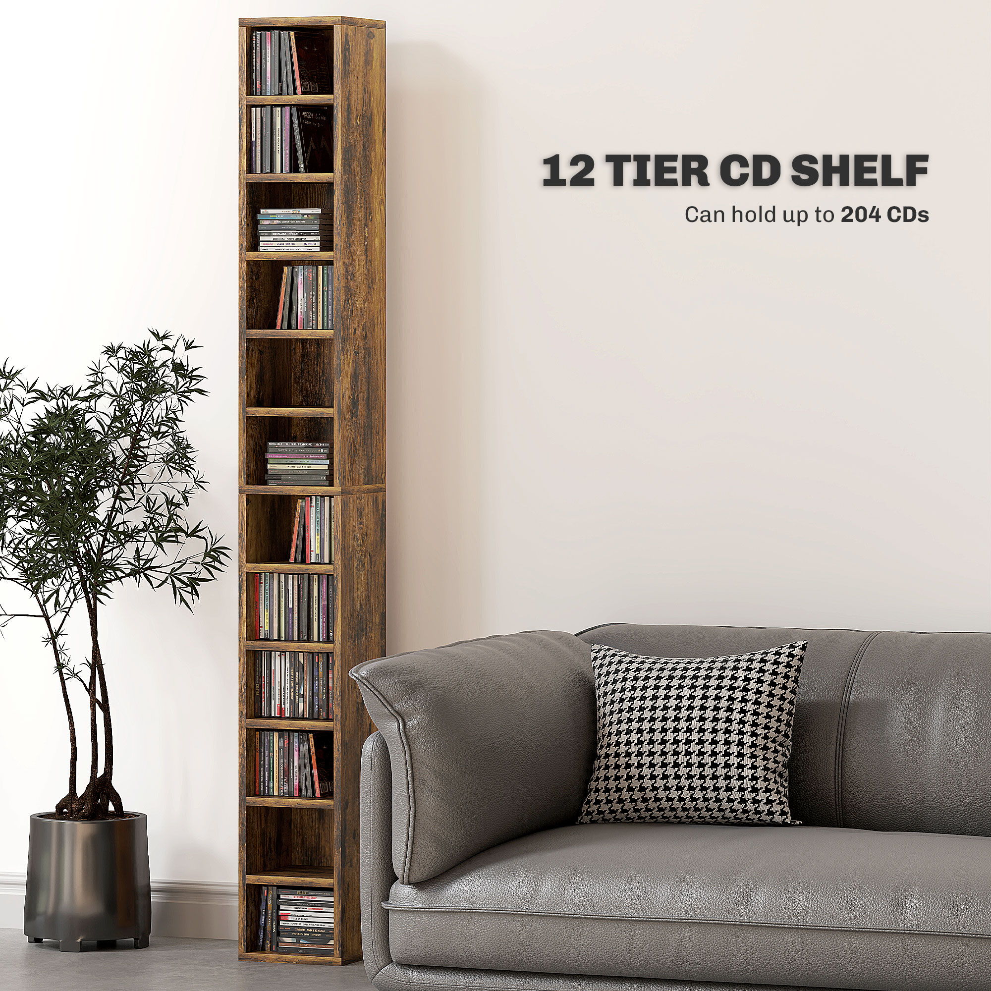 HOMCOM 204 CD Tall Narrow Media Storage Tower Rustic Brown 4