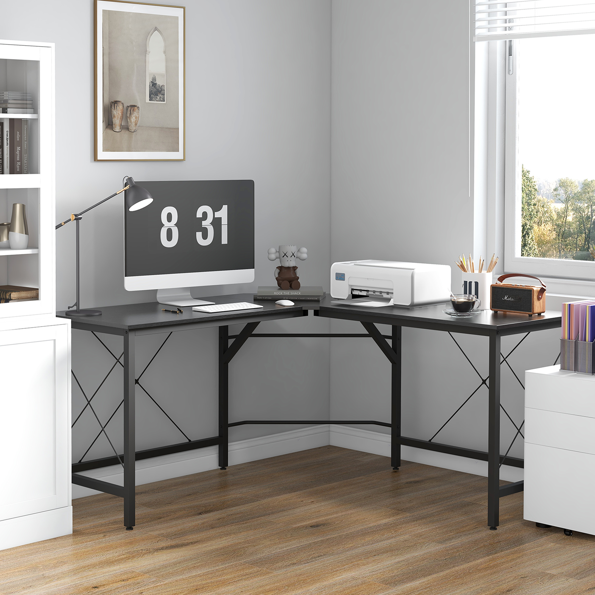 HOMCOM Black L-Shaped Corner Computer Desk for Home Office | Aosom UK