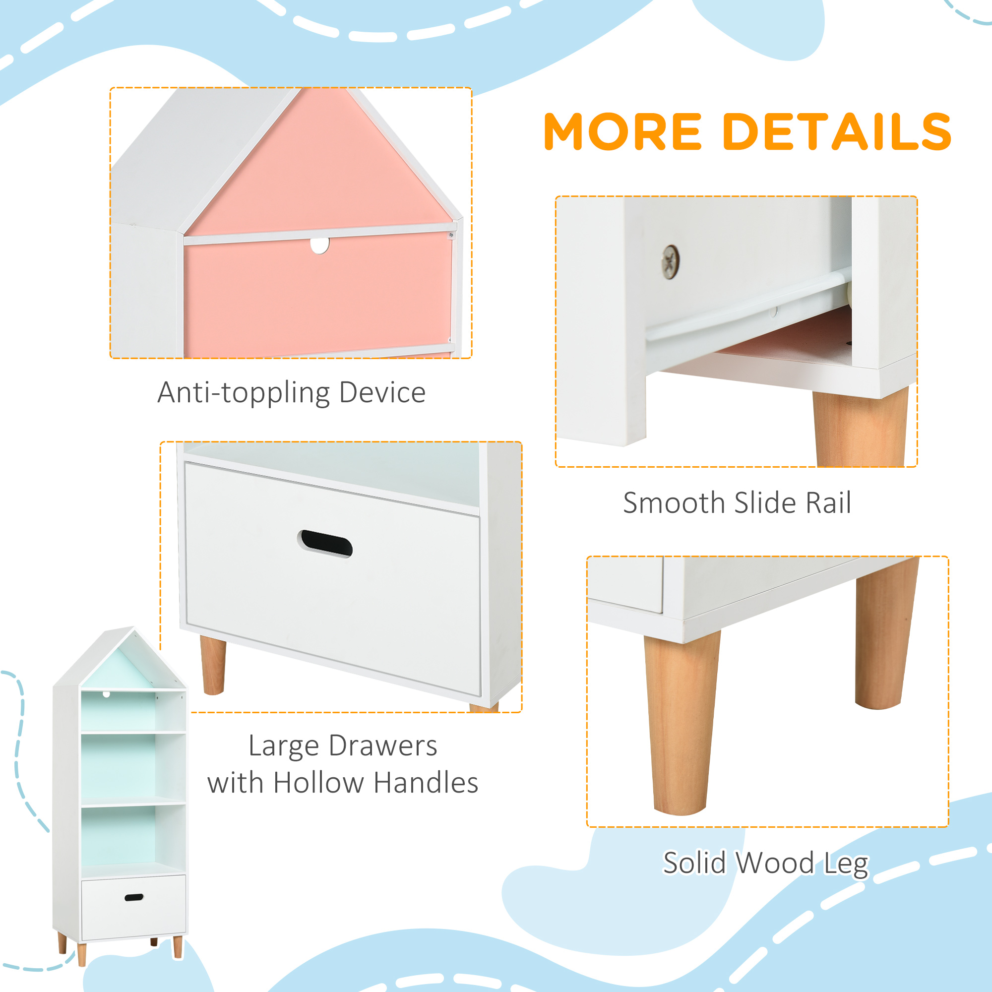 HOMCOM Kids Children Wooden Bookcase w/Drawer Bedroom Furniture Bookshelf Storage Rack Display Unit Toys Games Organisation Cabinet Pink Blue Back Panel 50 x 30 x 142 cm 6
