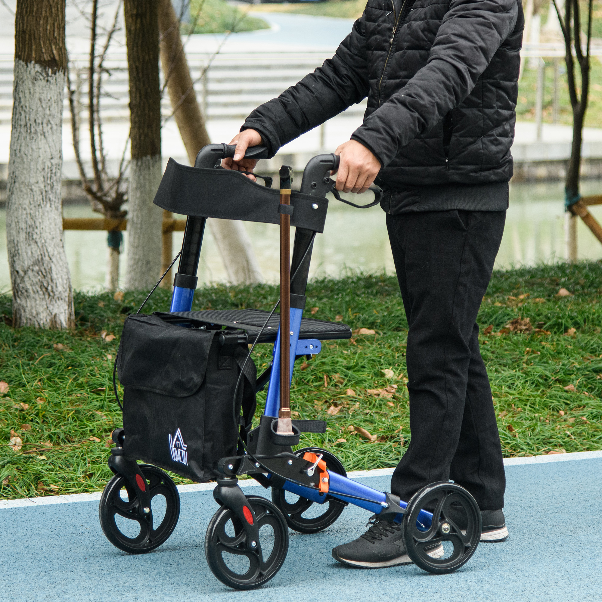 HOMCOM 4 Wheel Rollator with Seat and Back, Folding Mobility Walker with Carry Bag, Adjustable Height, Dual Brakes, Cane Holder, Lightweight Aluminium Walking Frame for Seniors and Disabled, Blue 2