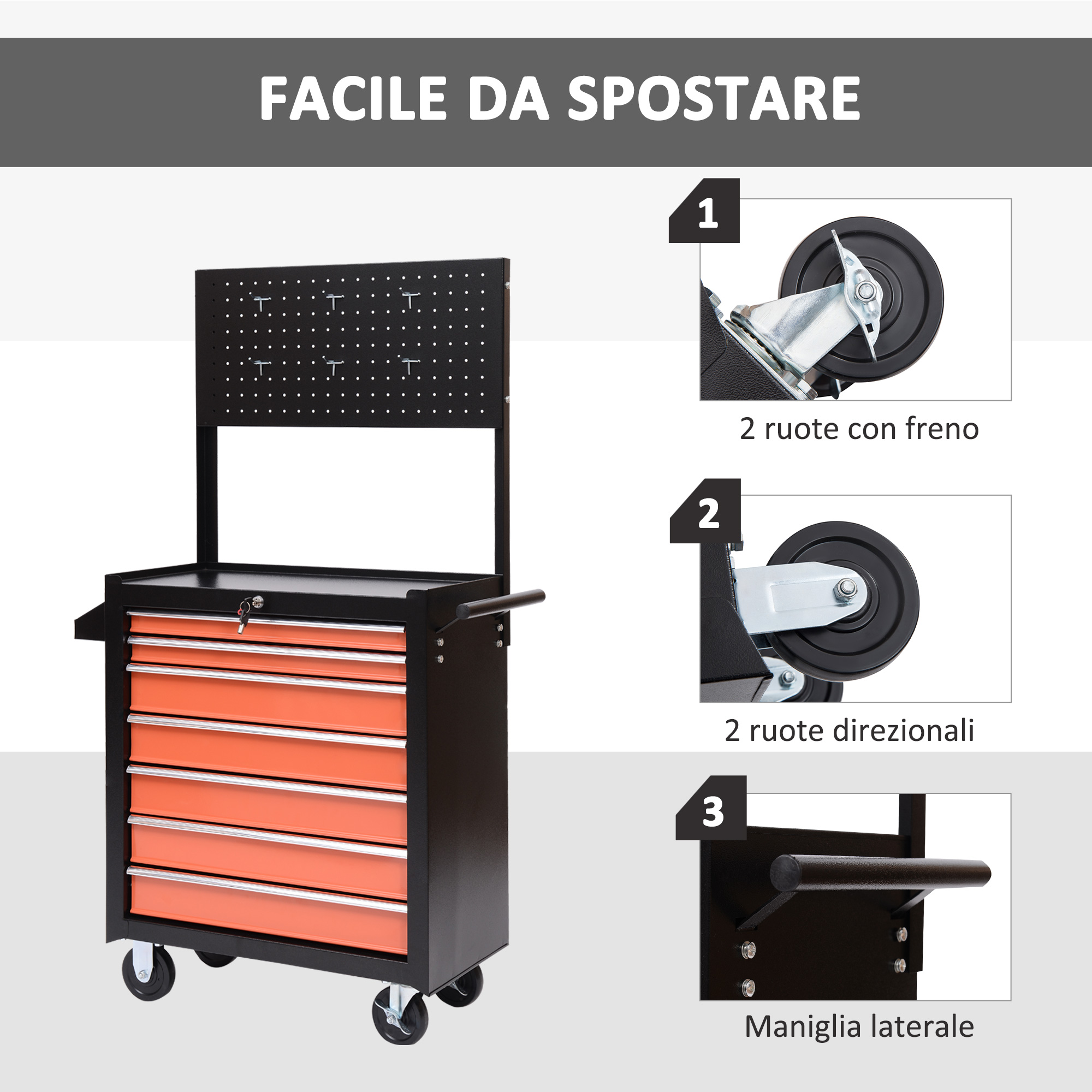 Cassetta Porta Attrezzi HOMCOM A 6 Cassetti Con Serratura - In Acciaio, Guide A Sfera, Tappetini EVA, Dimensioni 60x26x34 Cm, Colore Nero E Rosso