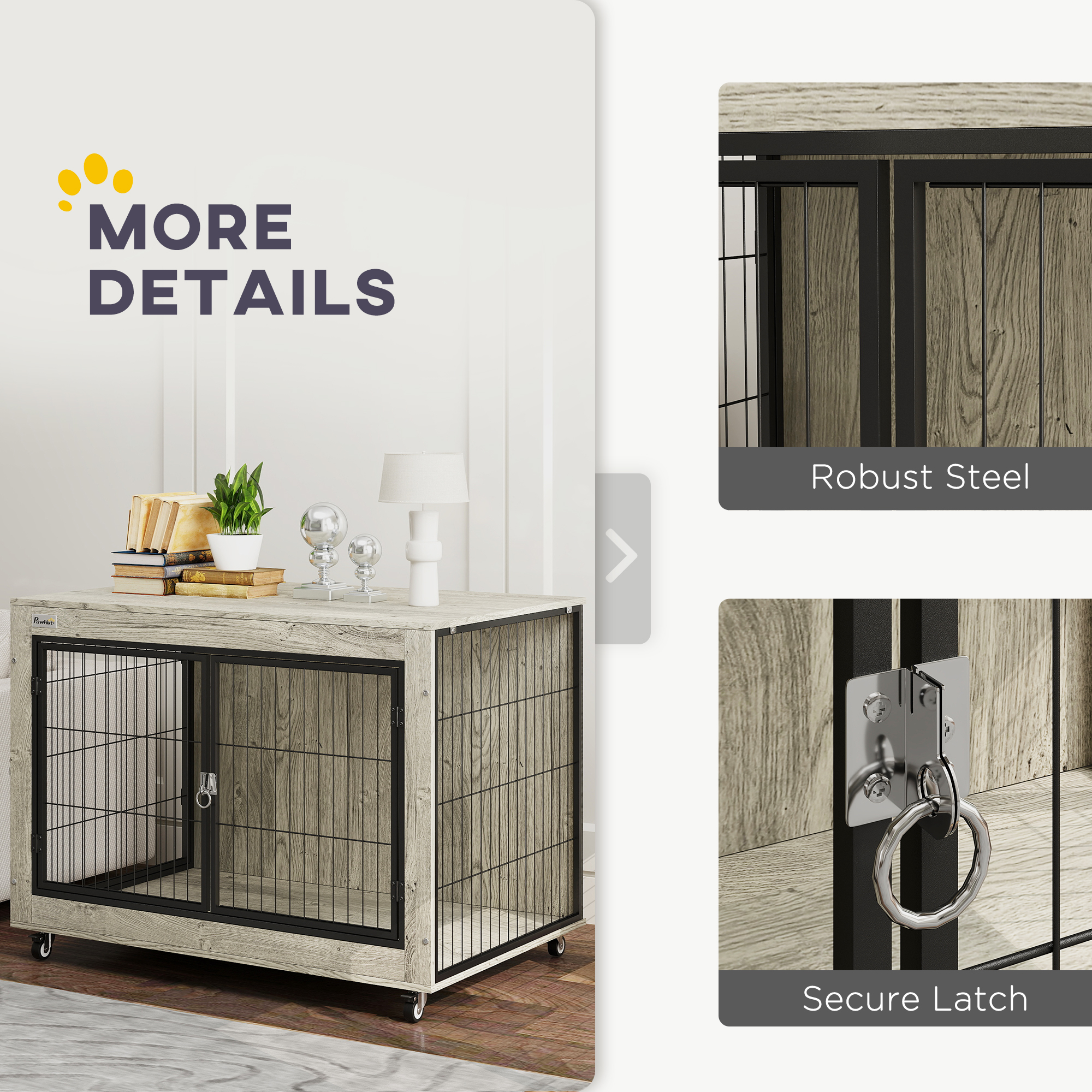 PawHut Dog Crate Furniture with Wheels, Double Doors, for Large Dogs, Grey 7