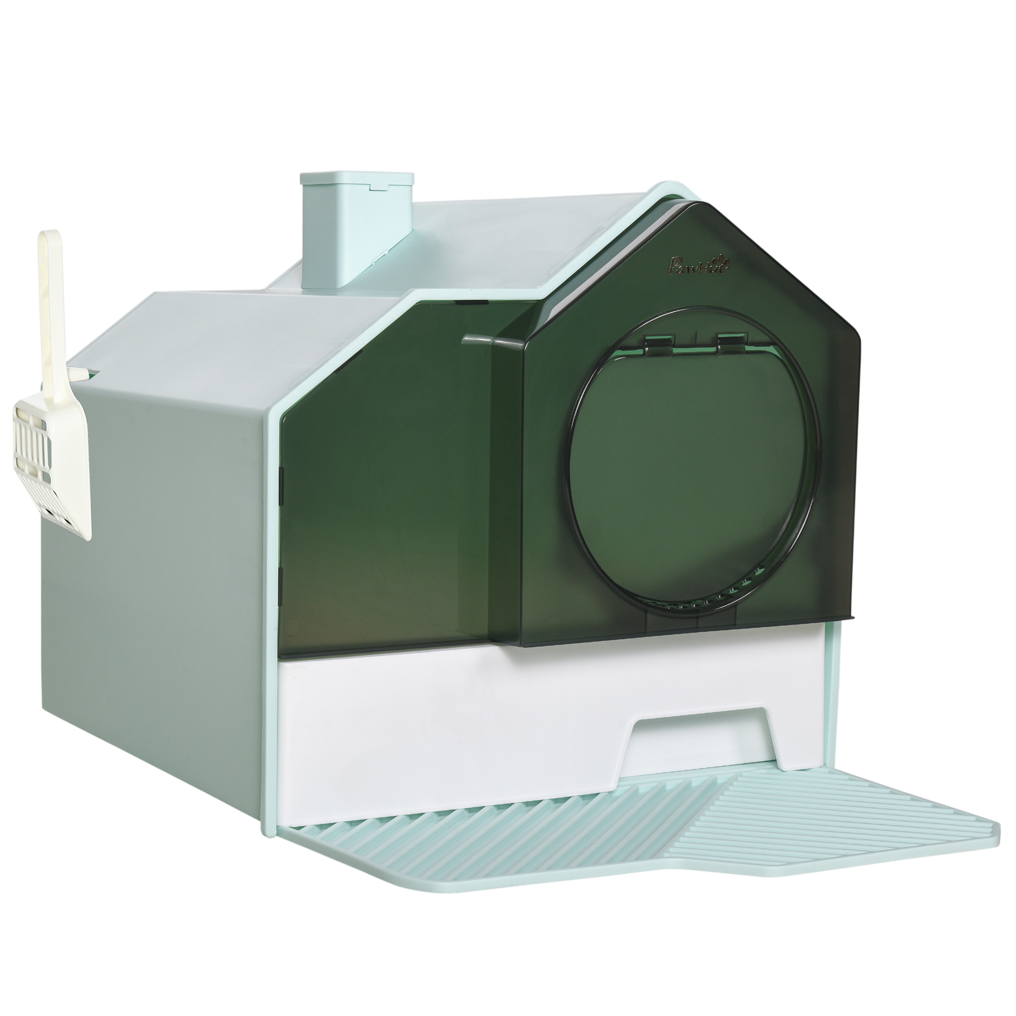 PawHut Hooded Cat Litter Tray with Scoop, Cat Litter Box with Drawer Pan, Handle, Deodorants, Hut Design, Front Entrance, 47 x 45 x 42cm - Grey