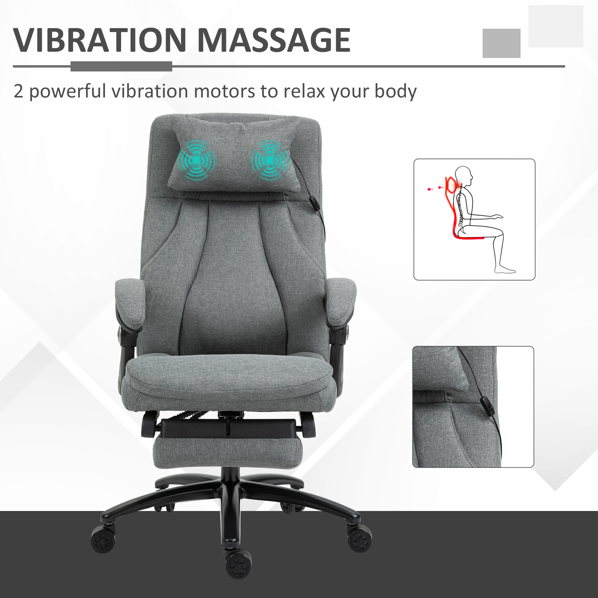 Vinsetto Office Chair, Fabric Desk Chair with Adjustable Massage Pillow, USB Power and Retractable Footrest, High Back, 360° Swivel, for Home, Grey 9