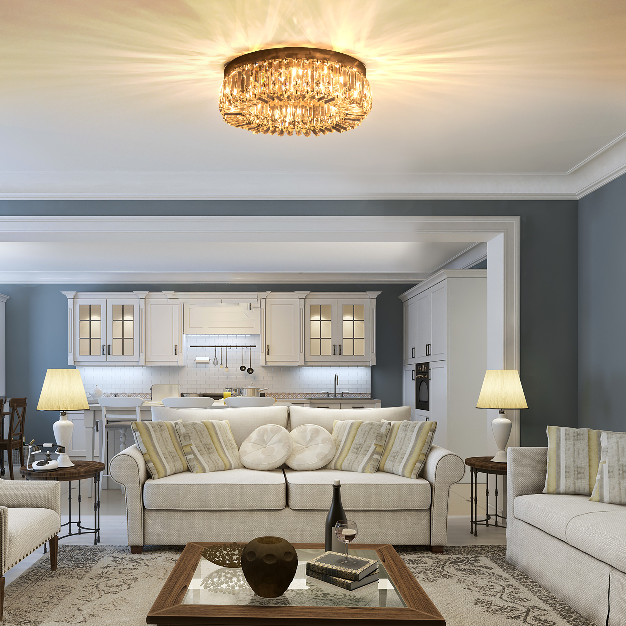 HOMCOM Crystal Ceiling Light Modern Chandeliers Stainless Steel Pendant Lights with Crystal Decorations for Living Room Bedroom Dining Room Hall Silver 7