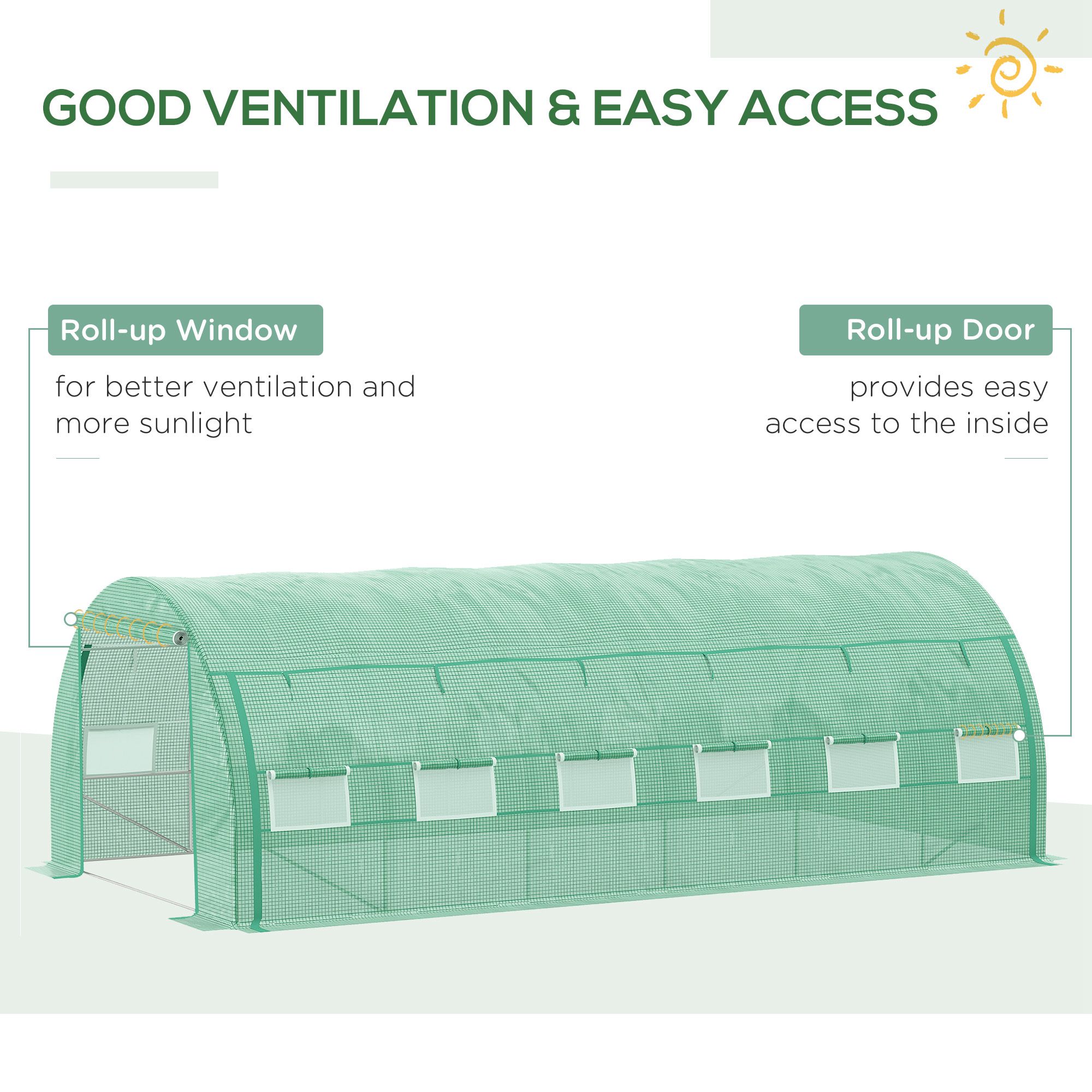 Outsunny Polytunnel Greenhouse Walk-in Grow House Tent with Roll-up Sidewalls, Zipped Door and 12 Windows, 6x3x2m Green 5