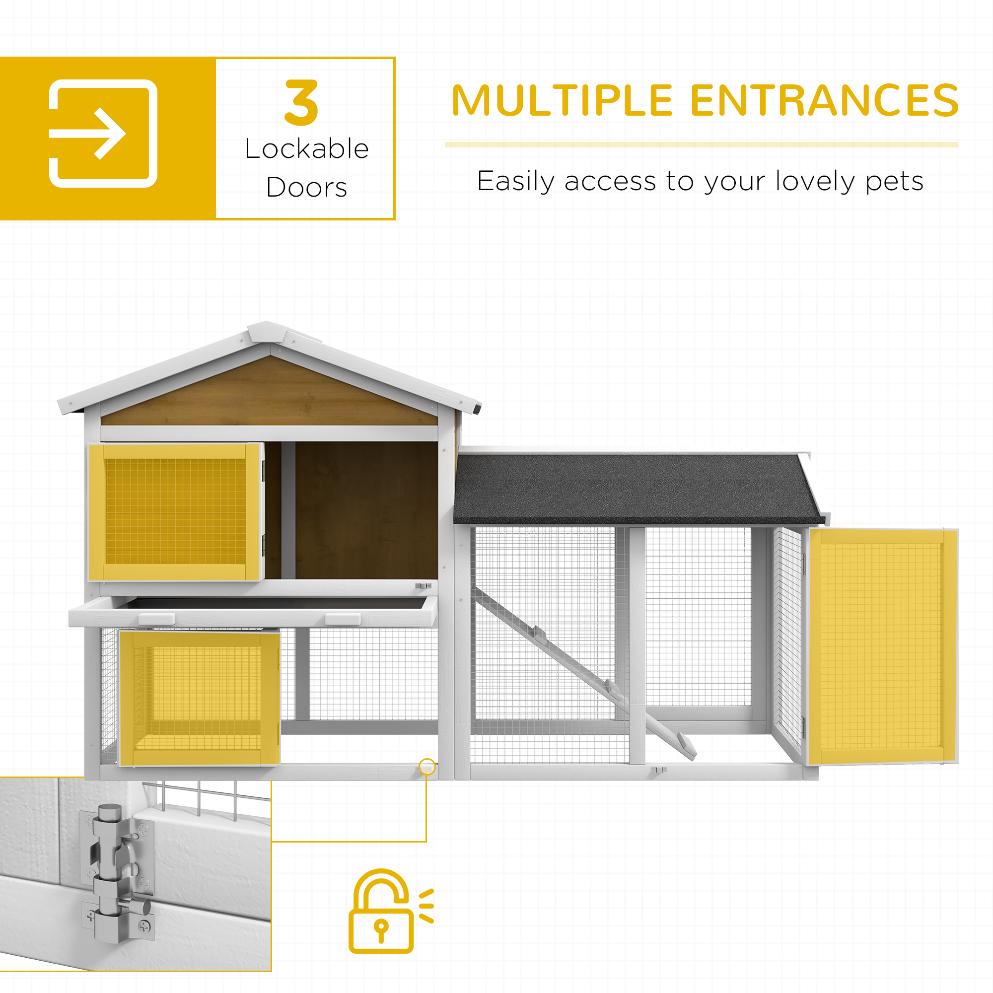 PawHut Wooden Rabbit Hutch Outdoor, Double Tier with Water-Resistant Roof, Ramp 147 x 54 x 84 cm, Yellow 4