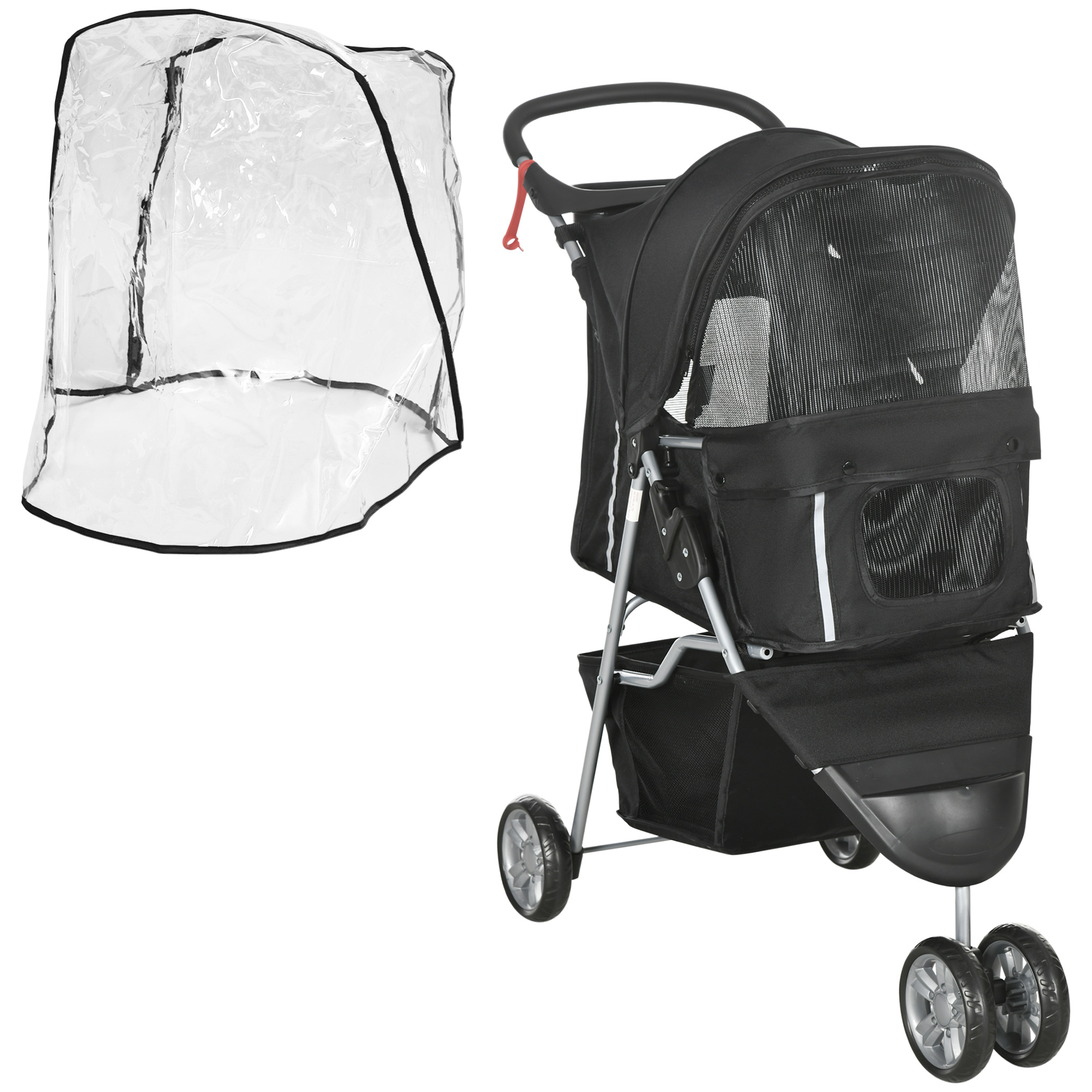 PawHut Dog Stroller with Cover for Small Miniature Dogs, Folding Cat Pram Dog Pushchair with Cup Holder, Storage Basket, Reflective Strips, Grey