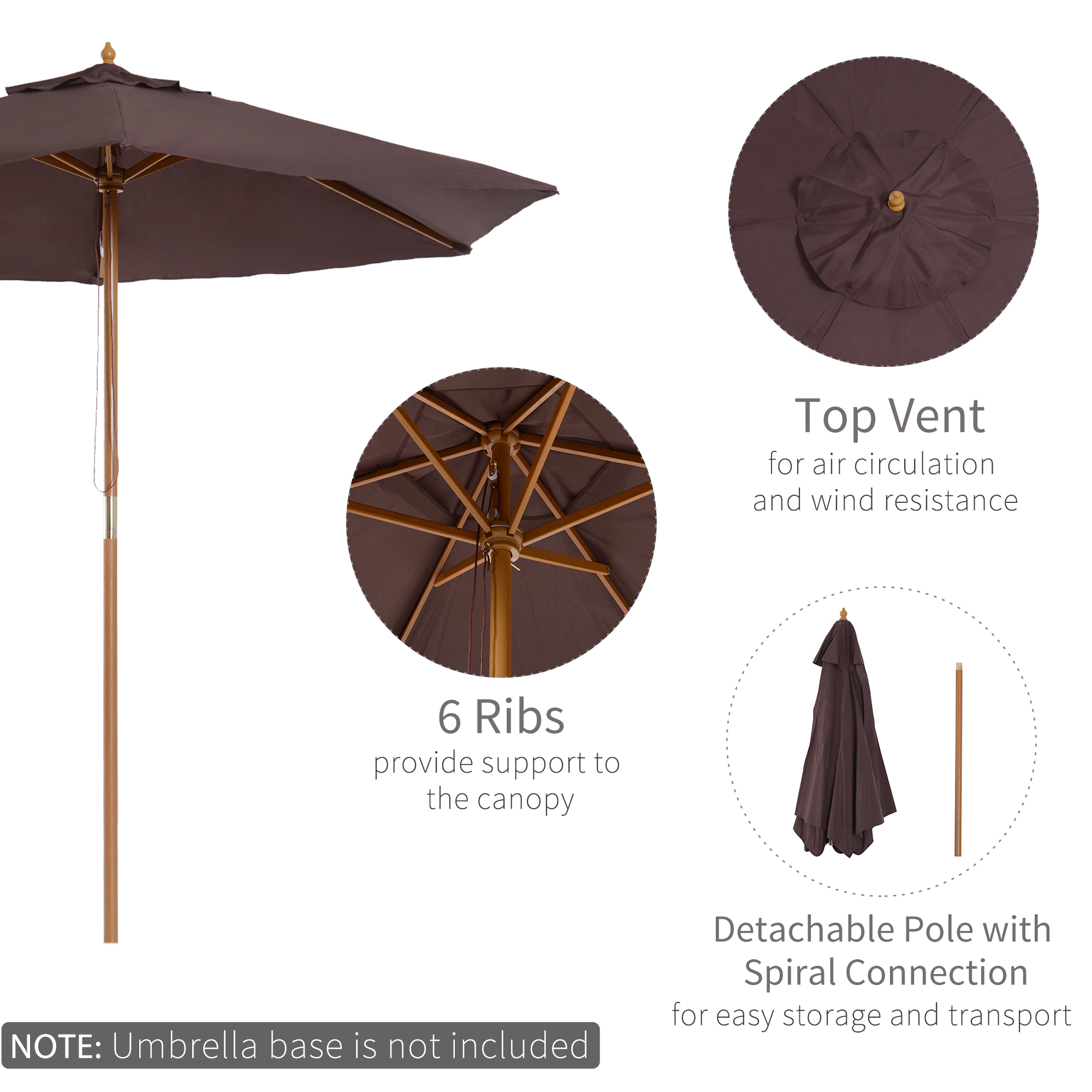 Outsunny 2.5m Wood Garden Parasol Sun Shade Patio Outdoor Wooden Umbrella Canopy Coffee 4