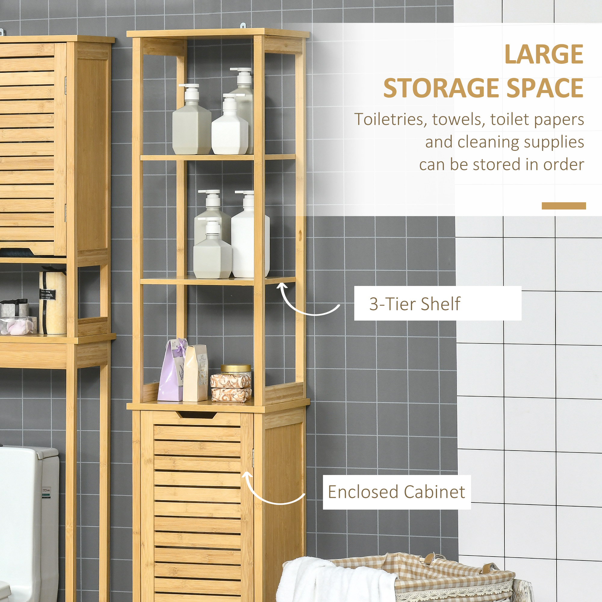 kleankin Tall Bathroom Cabinet, Slim Storage Cabinet, Tallboy Bamboo Storage Unit with 3-Tier Storage Shelves and Freestanding Organiser, Natural 6