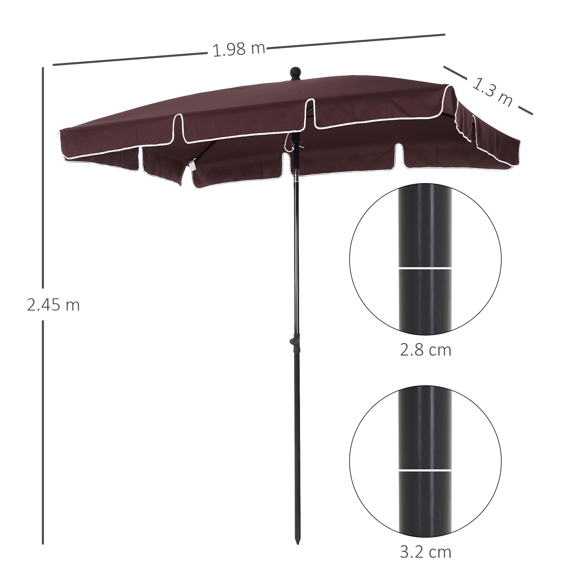 Outsunny Garden Parasol Umbrella, Outdoor Market Table Umbrella with Ruffles & Aluminium Pole, Rectangular Tilting Parasol Sun Shade Canopy, 2 x 1.3m, Brown 3