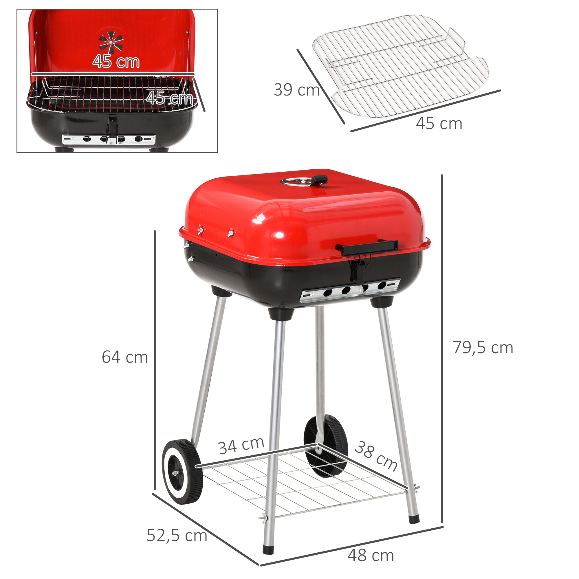 Outsunny Grillwagen Mit Rädern – Zusammenklappbar, Schwarz/rot, Mit Verstellbarem Rost
