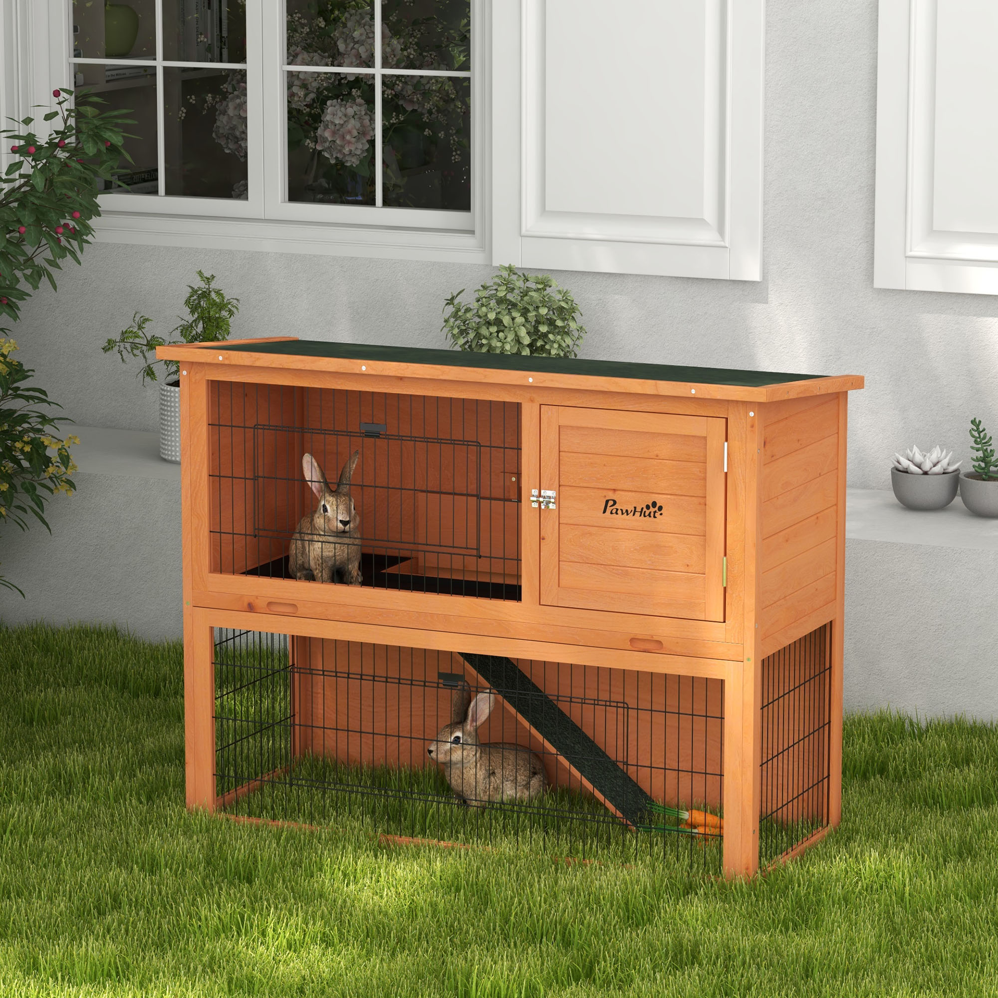 PawHut Two-Tier Antiseptic Wood Rabbit Hutch, 92cm Guinea Pig Hutch with Run Orange 2